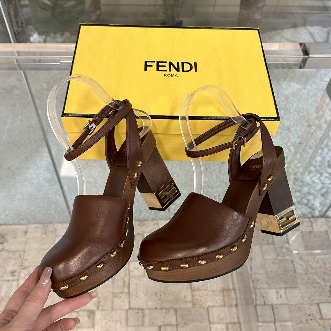 Fendi Baguette Show Brown Leather High-heeled Clogs - DopestKickz