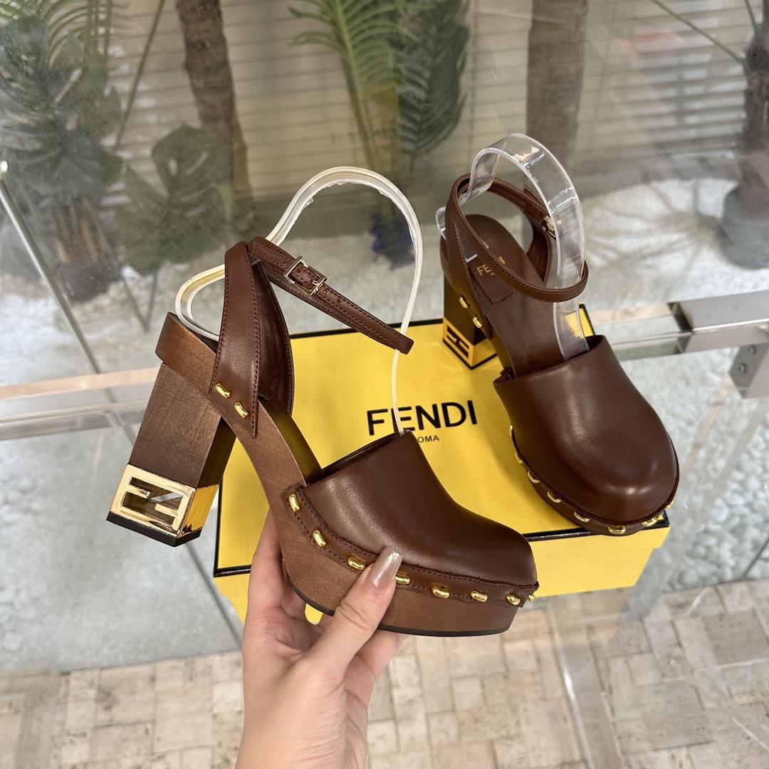 Fendi Baguette Show Brown Leather High-heeled Clogs - DopestKickz