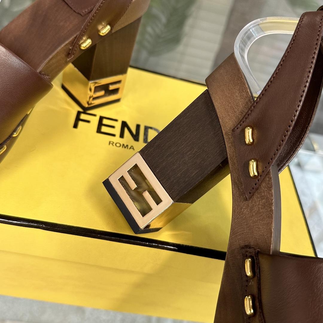 Fendi Baguette Show Brown Leather High-heeled Clogs - DopestKickz