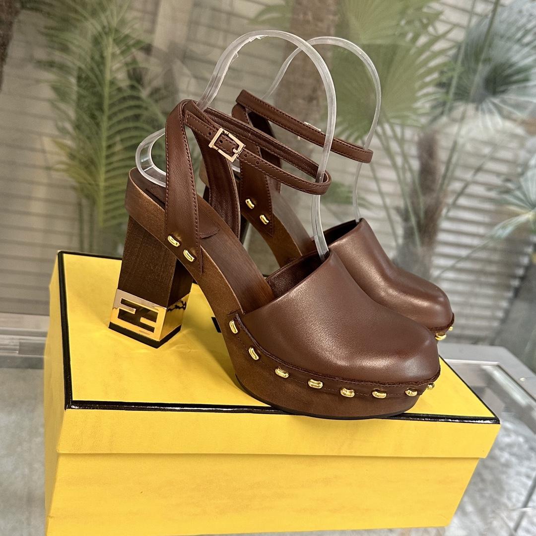 Fendi Baguette Show Brown Leather High-heeled Clogs - DopestKickz