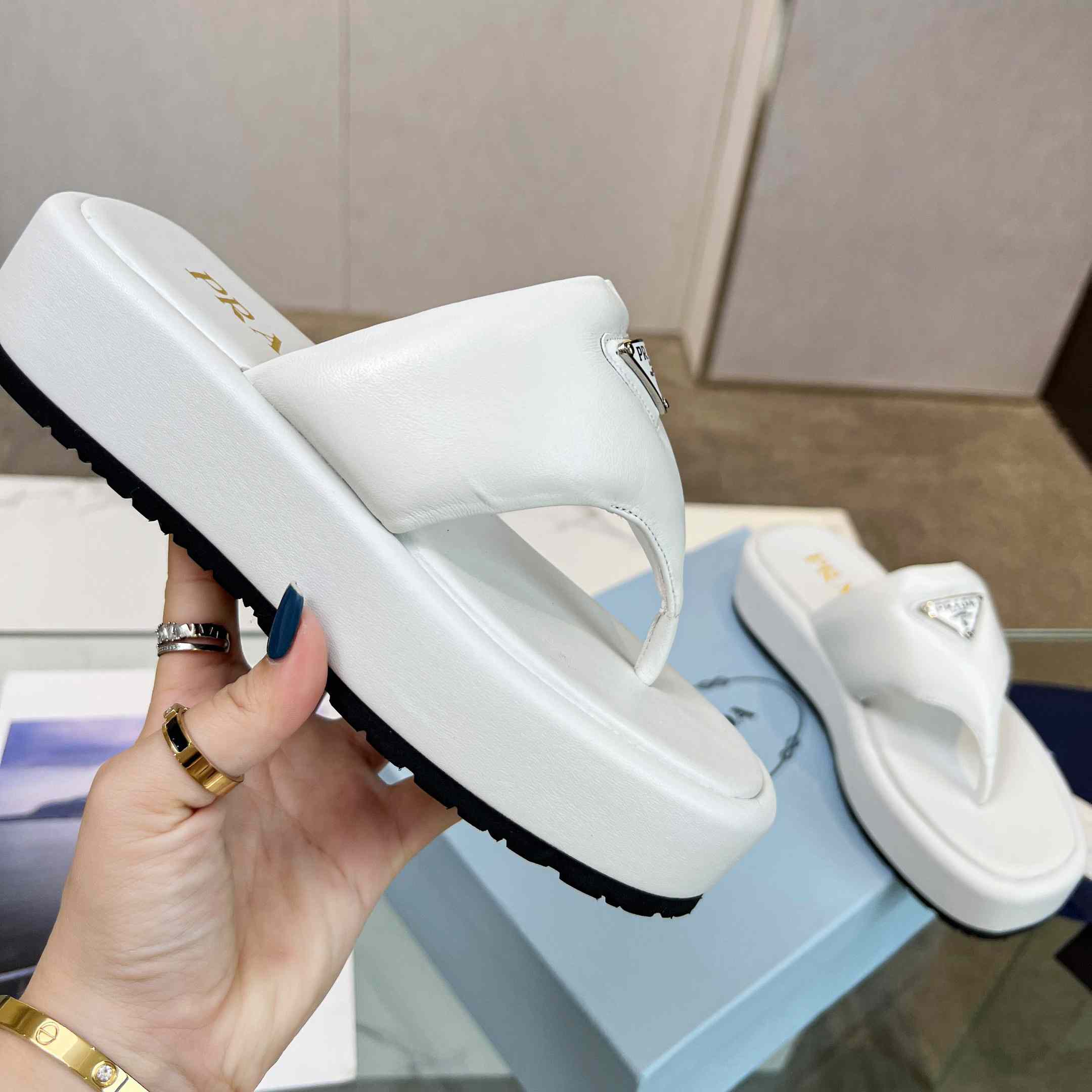 Prada Soft Padded Nappa Leather Thong Wedge Sandals - DopestKickz