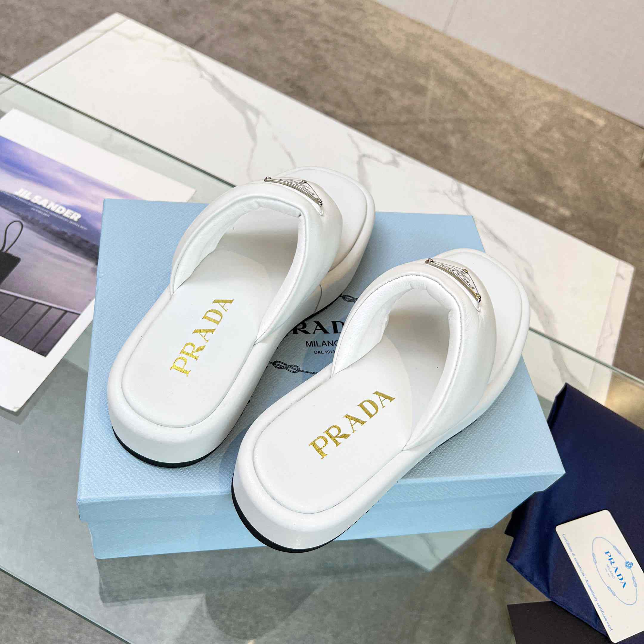 Prada Soft Padded Nappa Leather Thong Wedge Sandals - DopestKickz