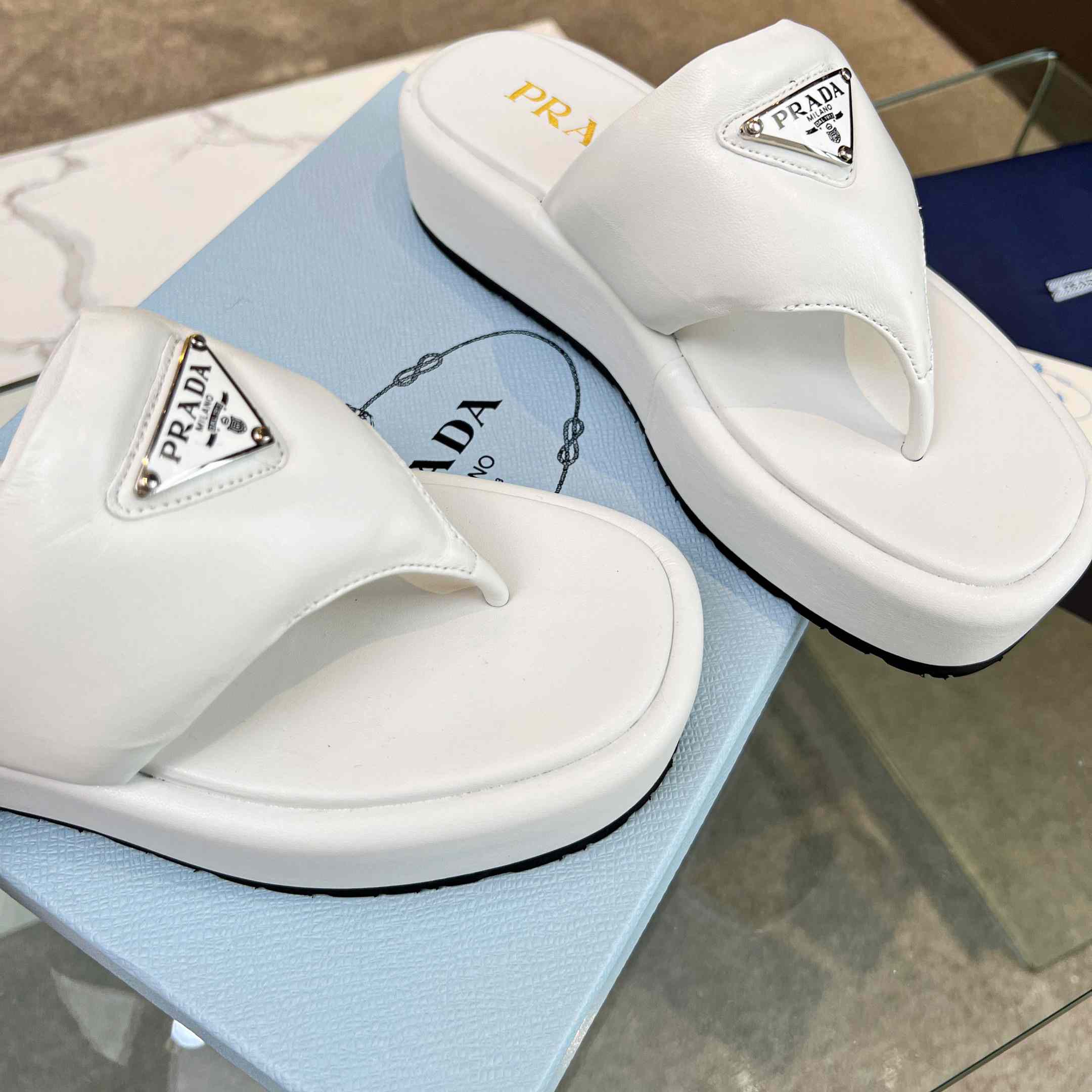 Prada Soft Padded Nappa Leather Thong Wedge Sandals - DopestKickz