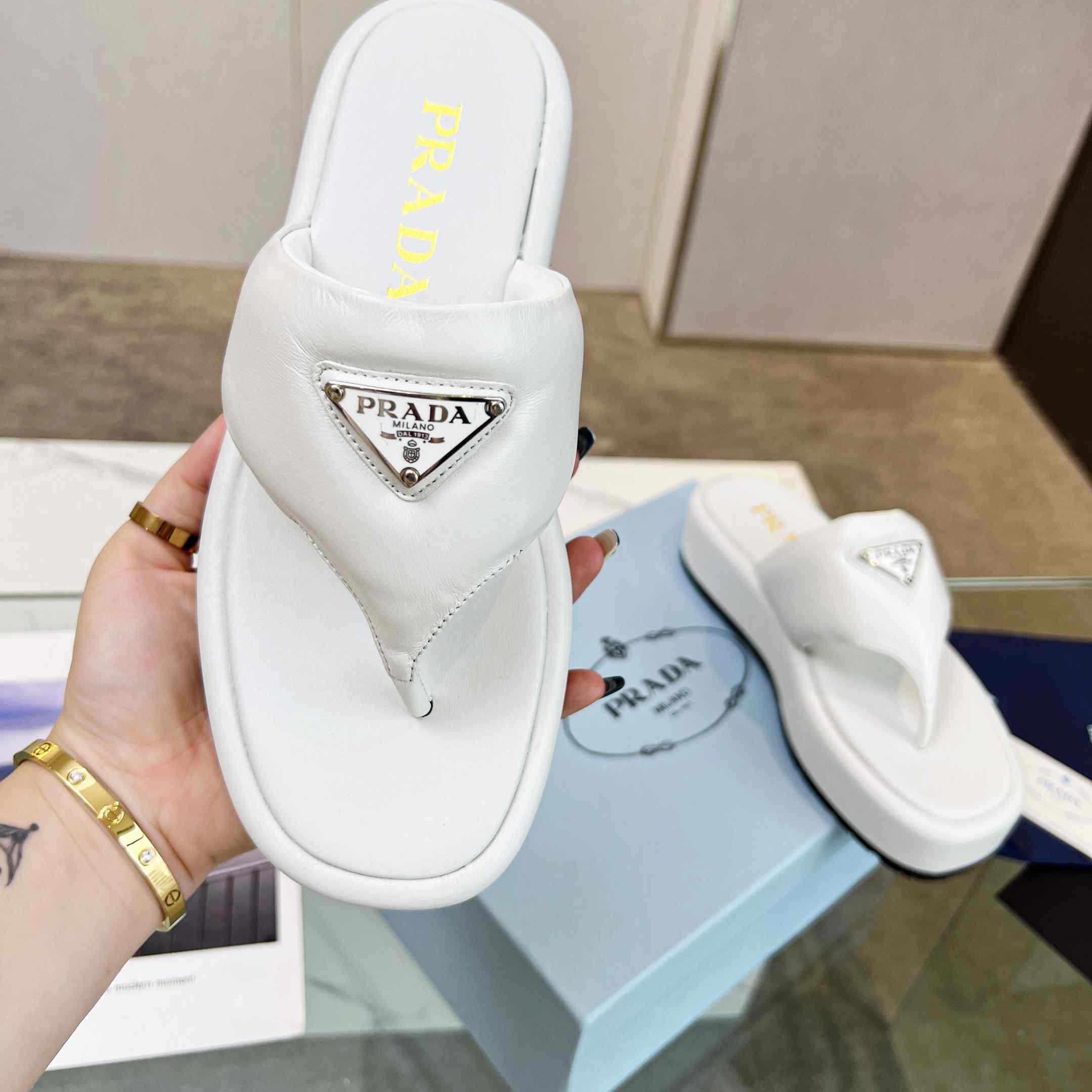Prada Soft Padded Nappa Leather Thong Wedge Sandals - DopestKickz
