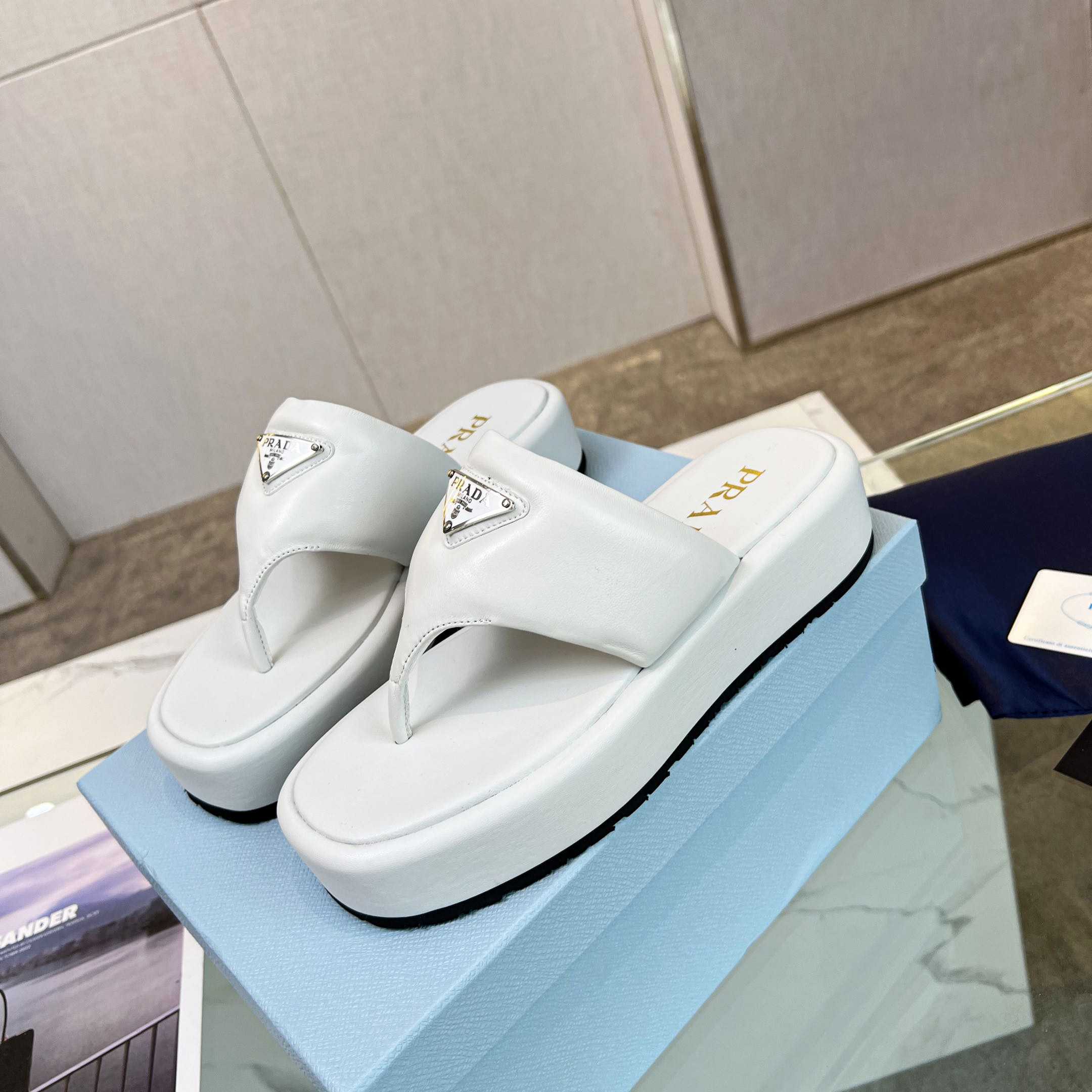 Prada Soft Padded Nappa Leather Thong Wedge Sandals - DopestKickz