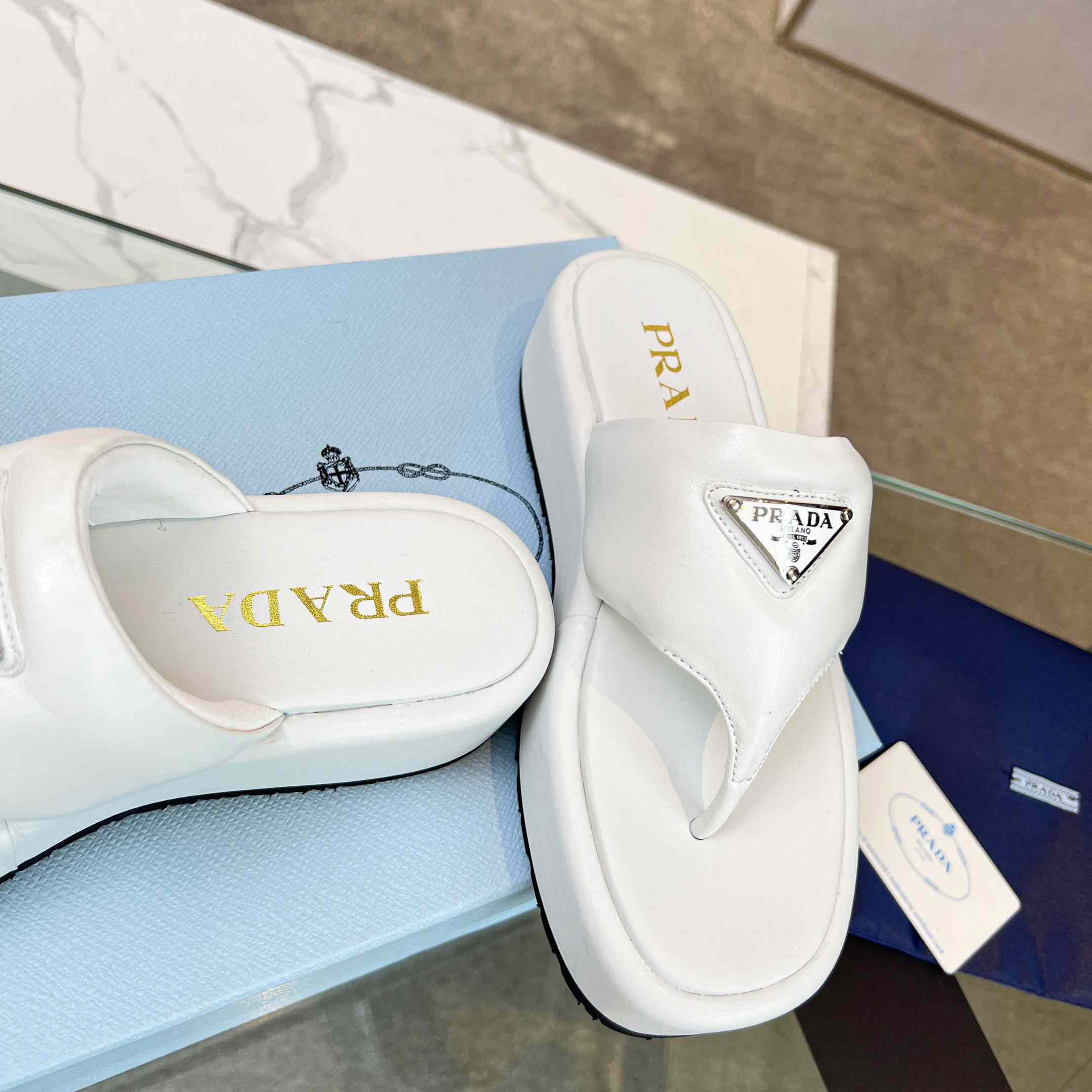 Prada Soft Padded Nappa Leather Thong Wedge Sandals - DopestKickz