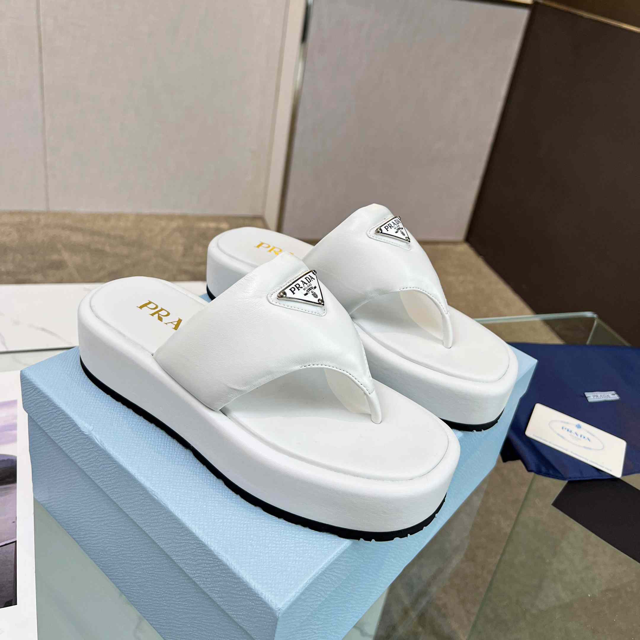 Prada Soft Padded Nappa Leather Thong Wedge Sandals - DopestKickz