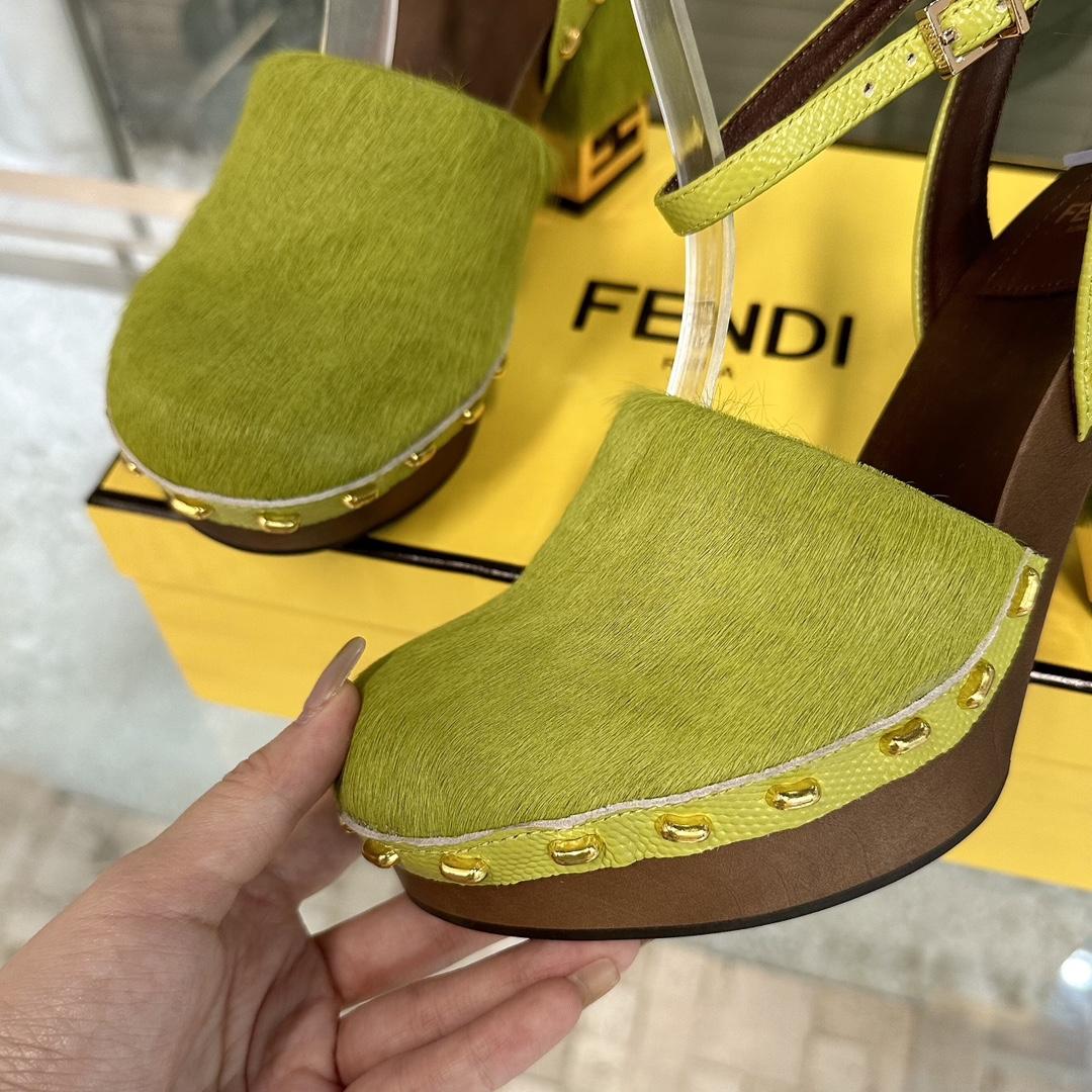 Fendi Baguette Show Green Pony Hair High-heeled Clogs - DopestKickz