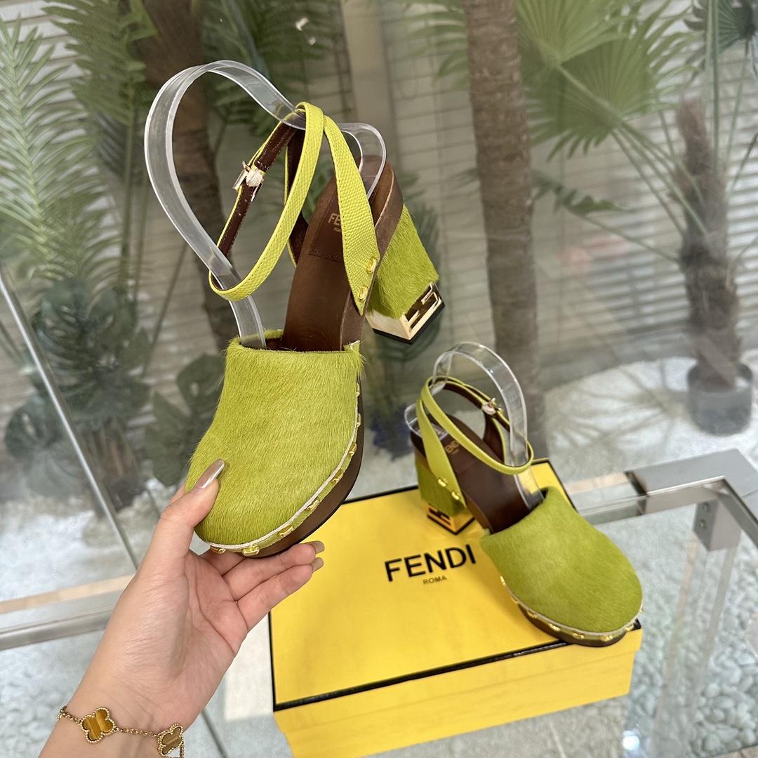 Fendi Baguette Show Green Pony Hair High-heeled Clogs - DopestKickz