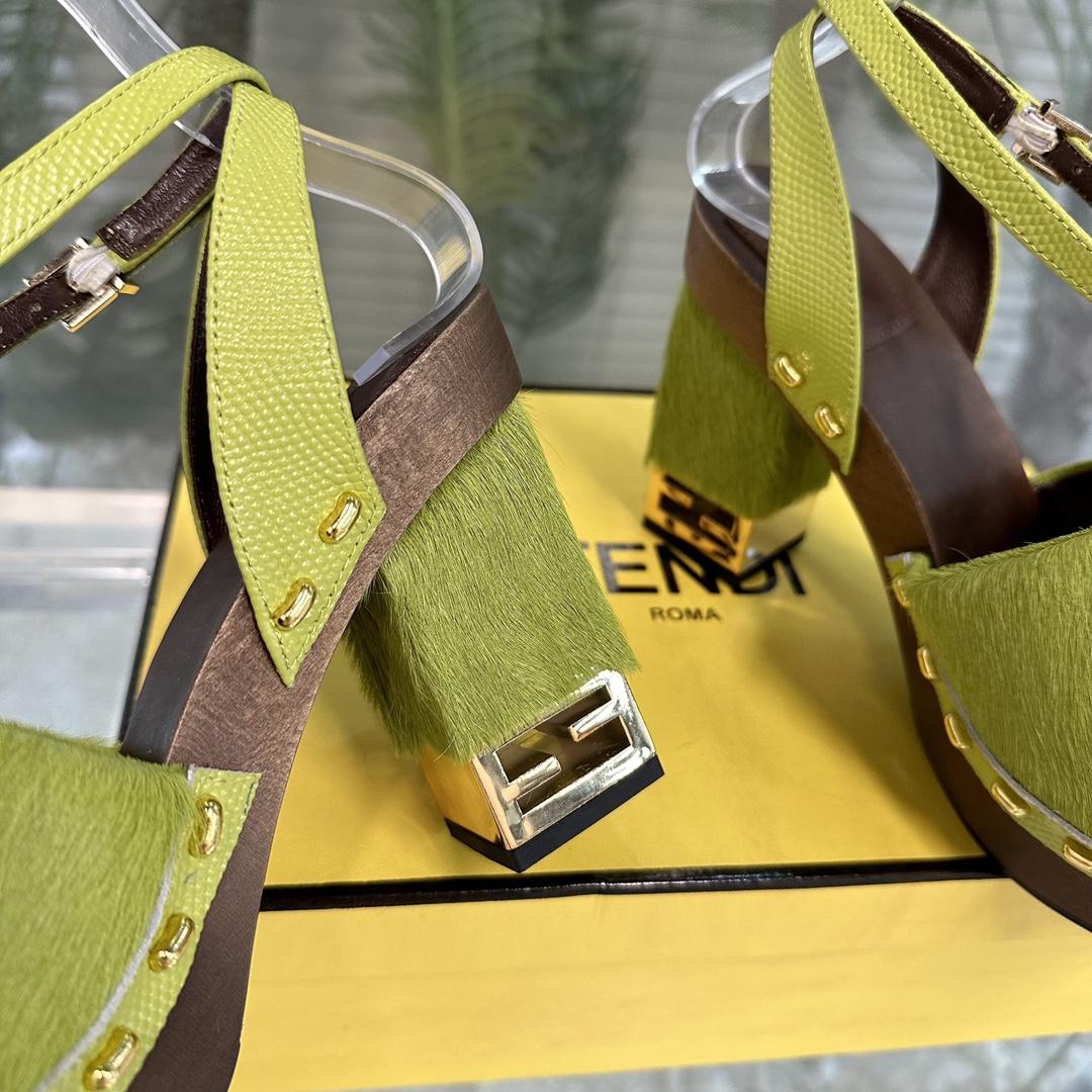 Fendi Baguette Show Green Pony Hair High-heeled Clogs - DopestKickz