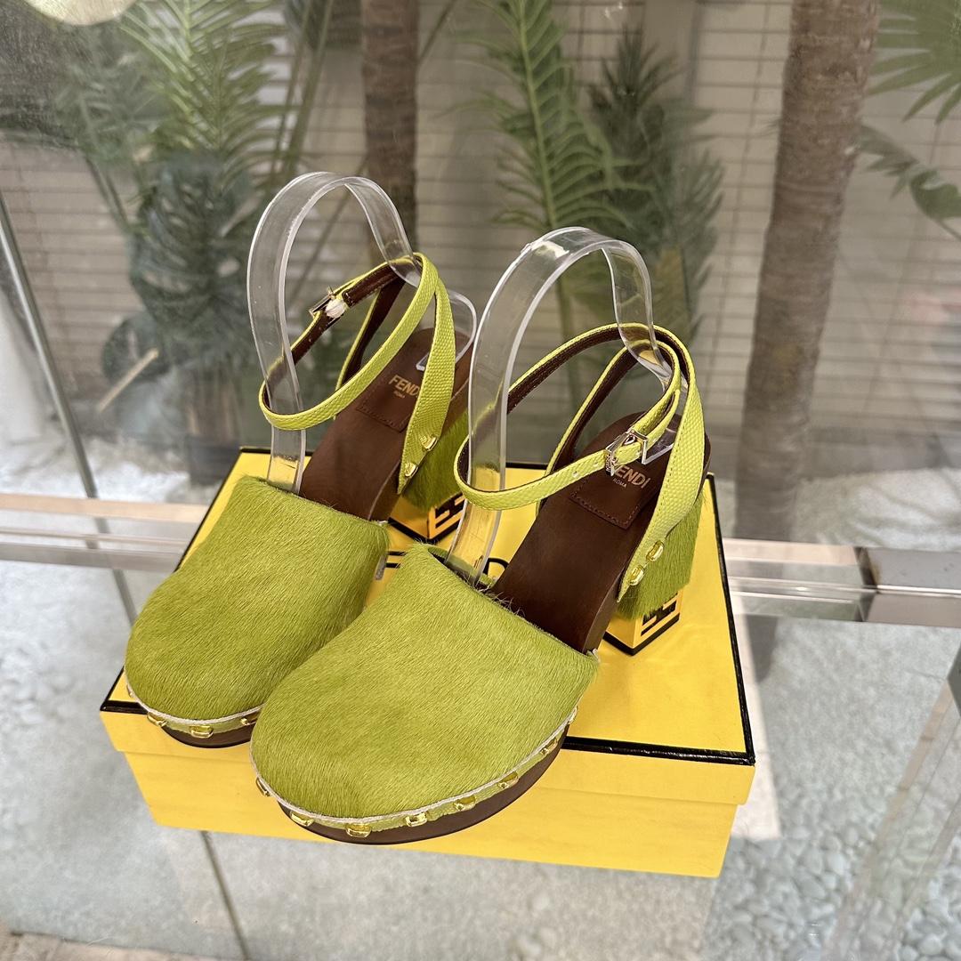 Fendi Baguette Show Green Pony Hair High-heeled Clogs - DopestKickz