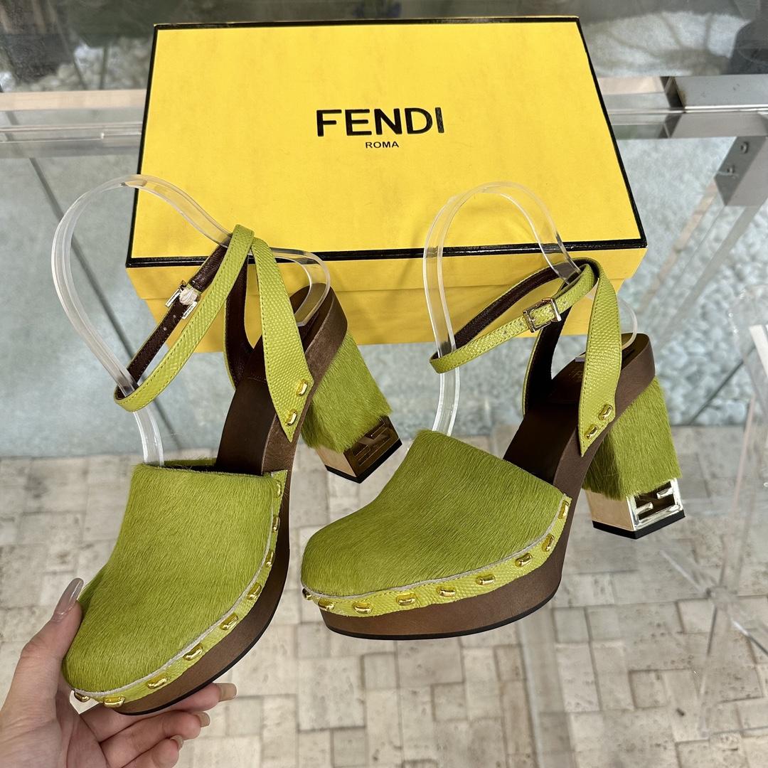 Fendi Baguette Show Green Pony Hair High-heeled Clogs - DopestKickz