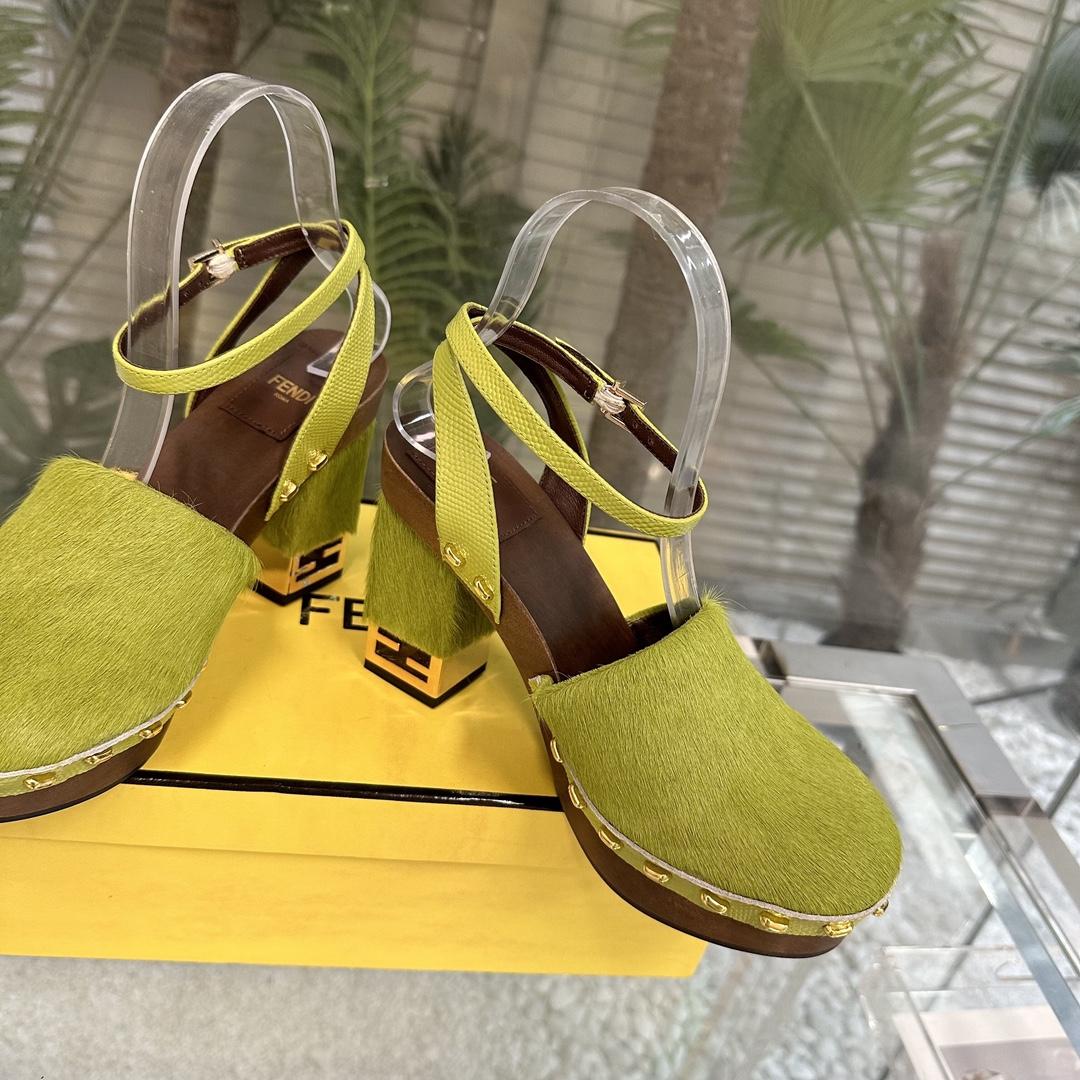 Fendi Baguette Show Green Pony Hair High-heeled Clogs - DopestKickz