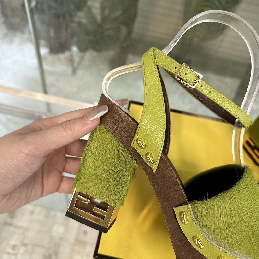 Fendi Baguette Show Green Pony Hair High-heeled Clogs - DopestKickz
