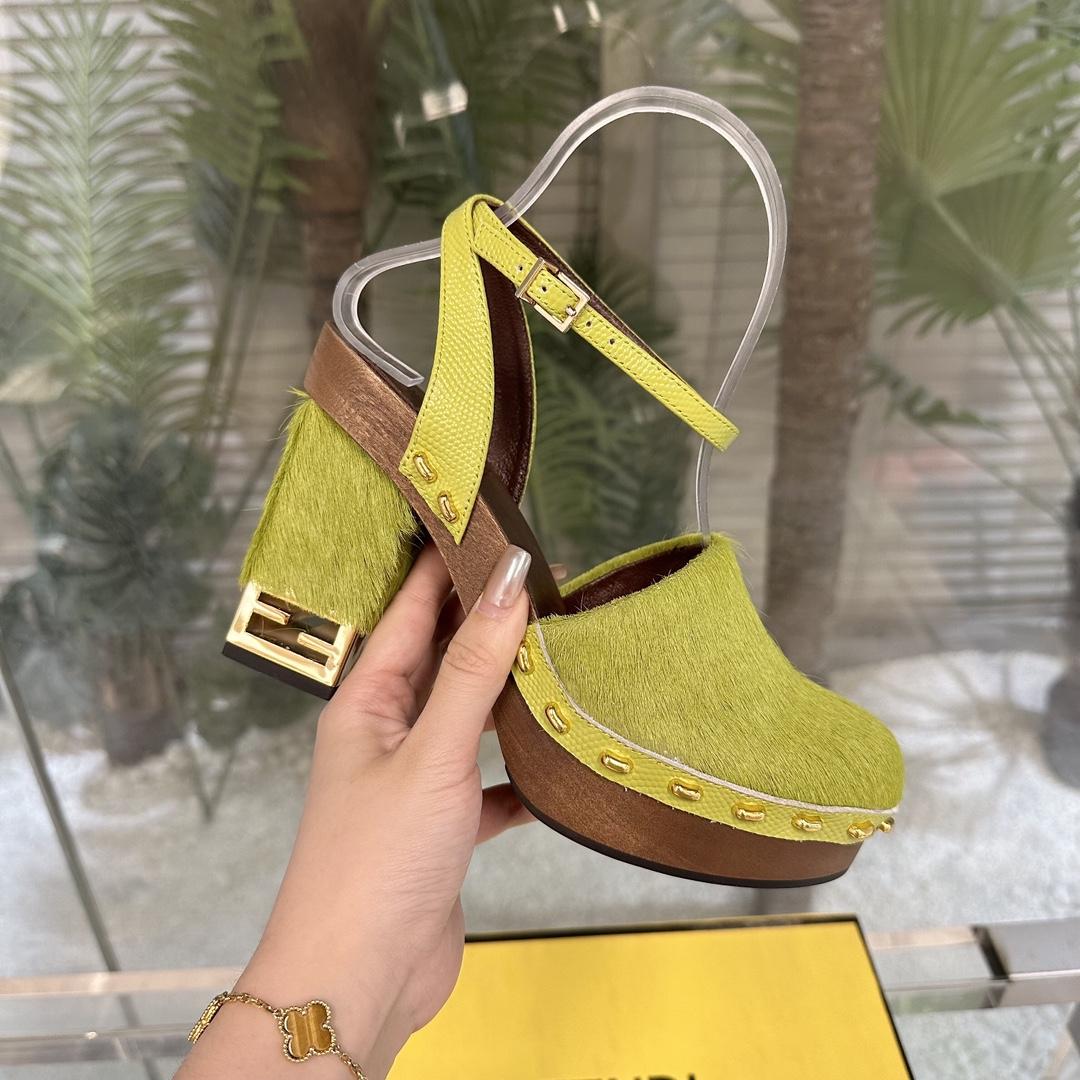 Fendi Baguette Show Green Pony Hair High-heeled Clogs - DopestKickz