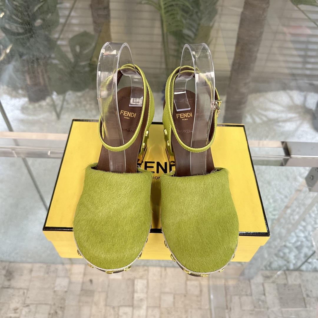 Fendi Baguette Show Green Pony Hair High-heeled Clogs - DopestKickz