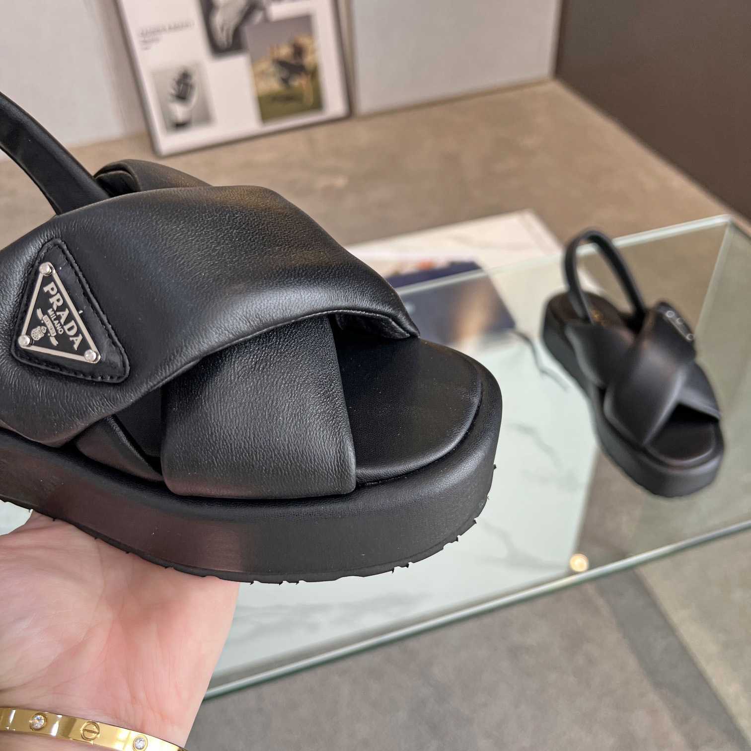 Prada Soft Padded Nappa Leather Wedge Sandals - DopestKickz