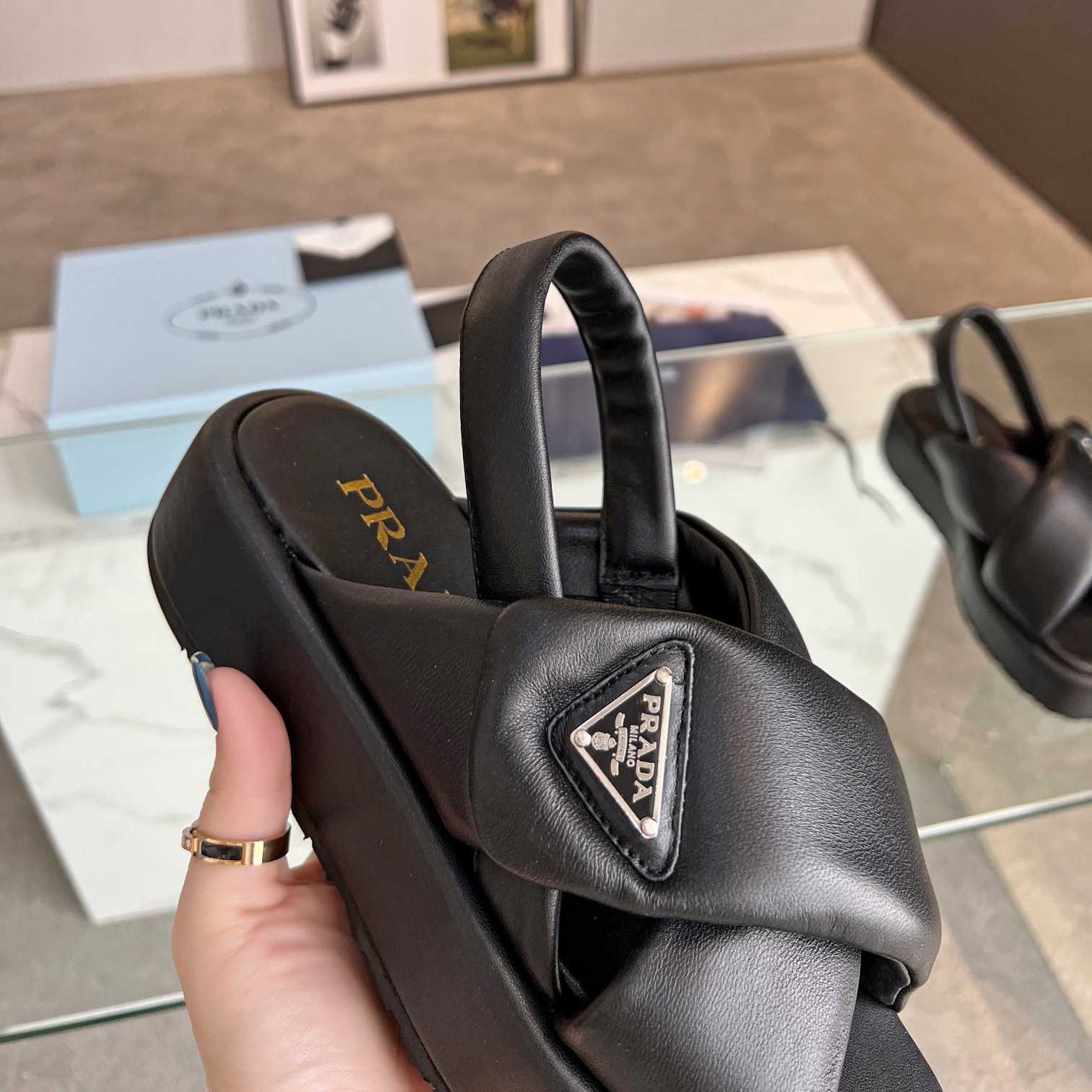 Prada Soft Padded Nappa Leather Wedge Sandals - DopestKickz