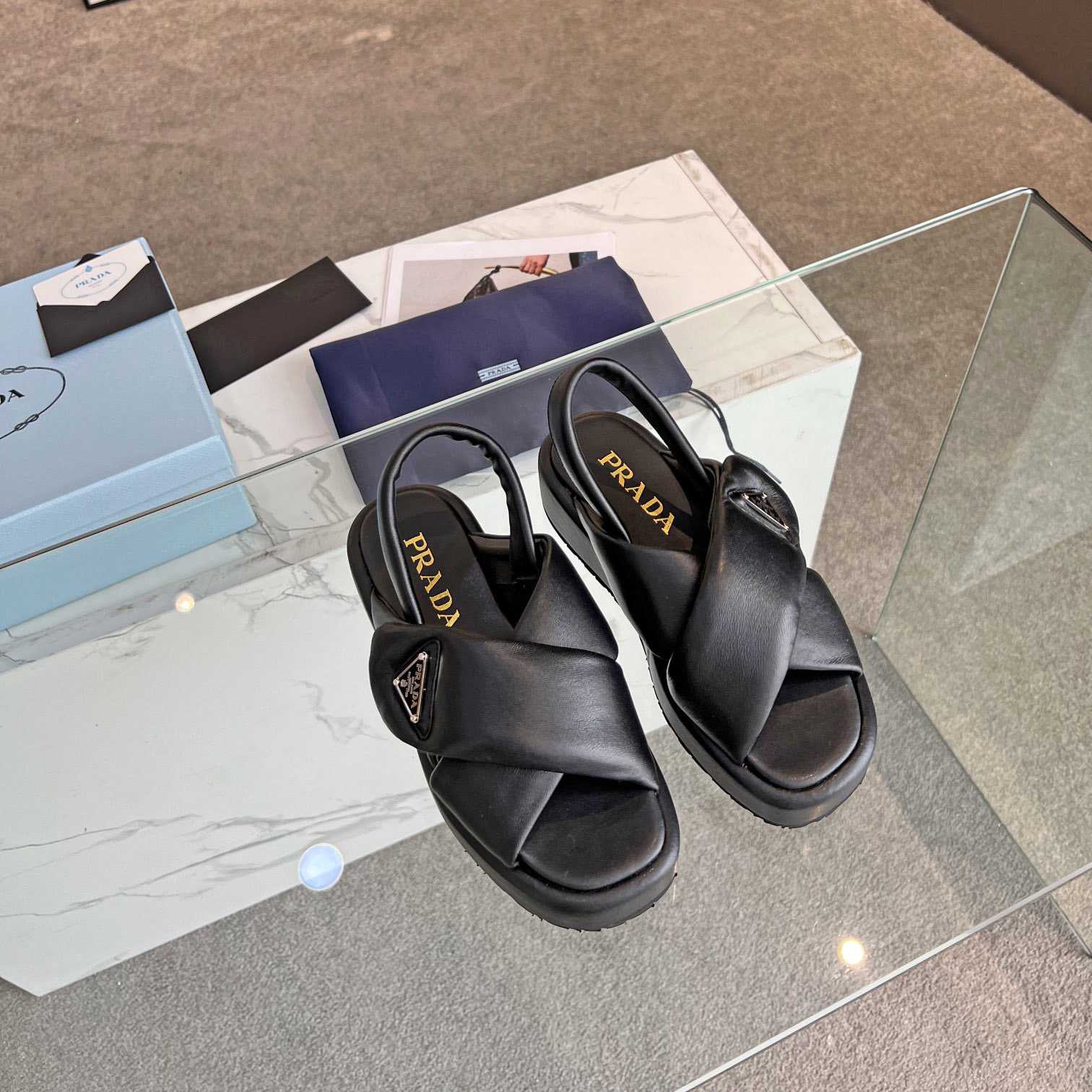 Prada Soft Padded Nappa Leather Wedge Sandals - DopestKickz