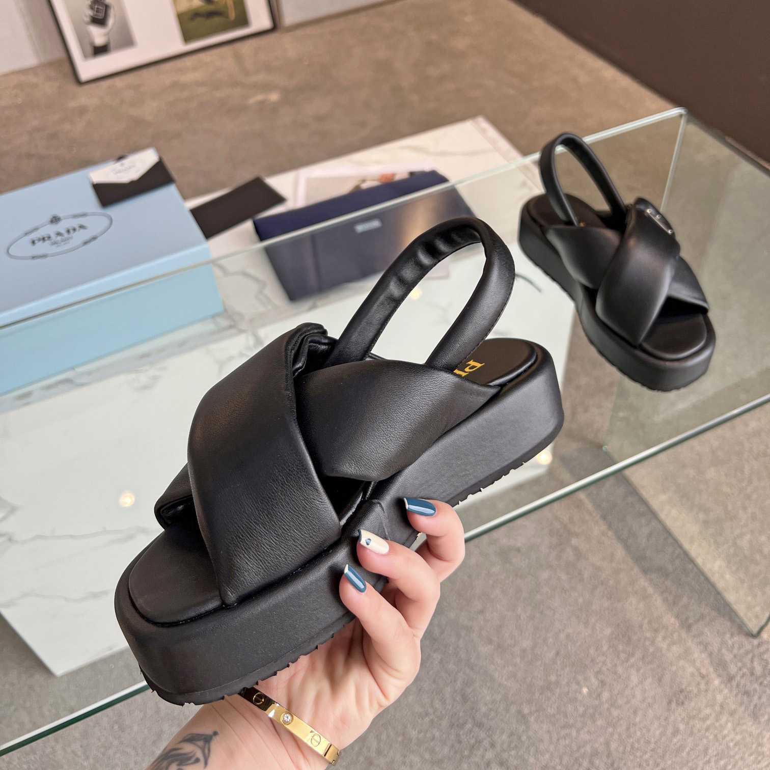 Prada Soft Padded Nappa Leather Wedge Sandals - DopestKickz