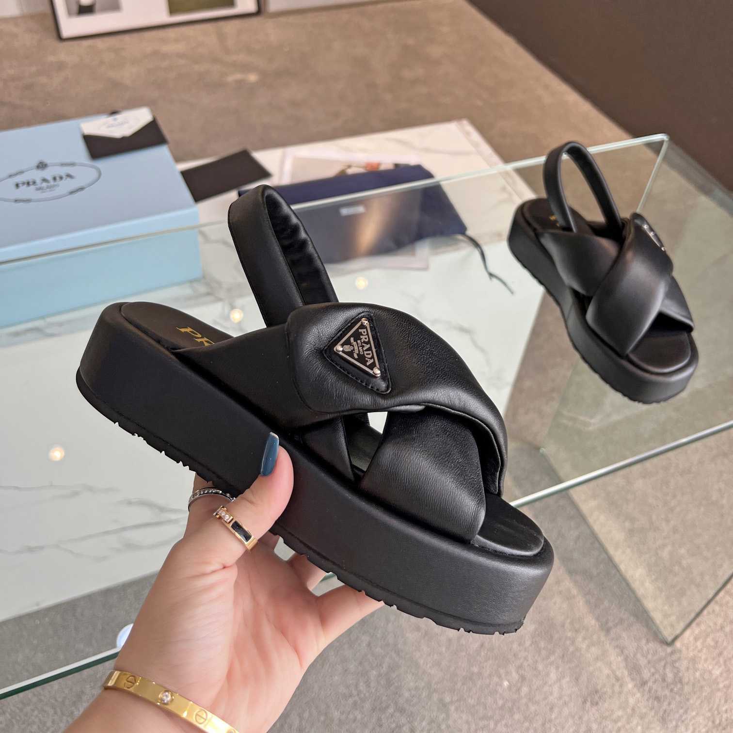 Prada Soft Padded Nappa Leather Wedge Sandals - DopestKickz
