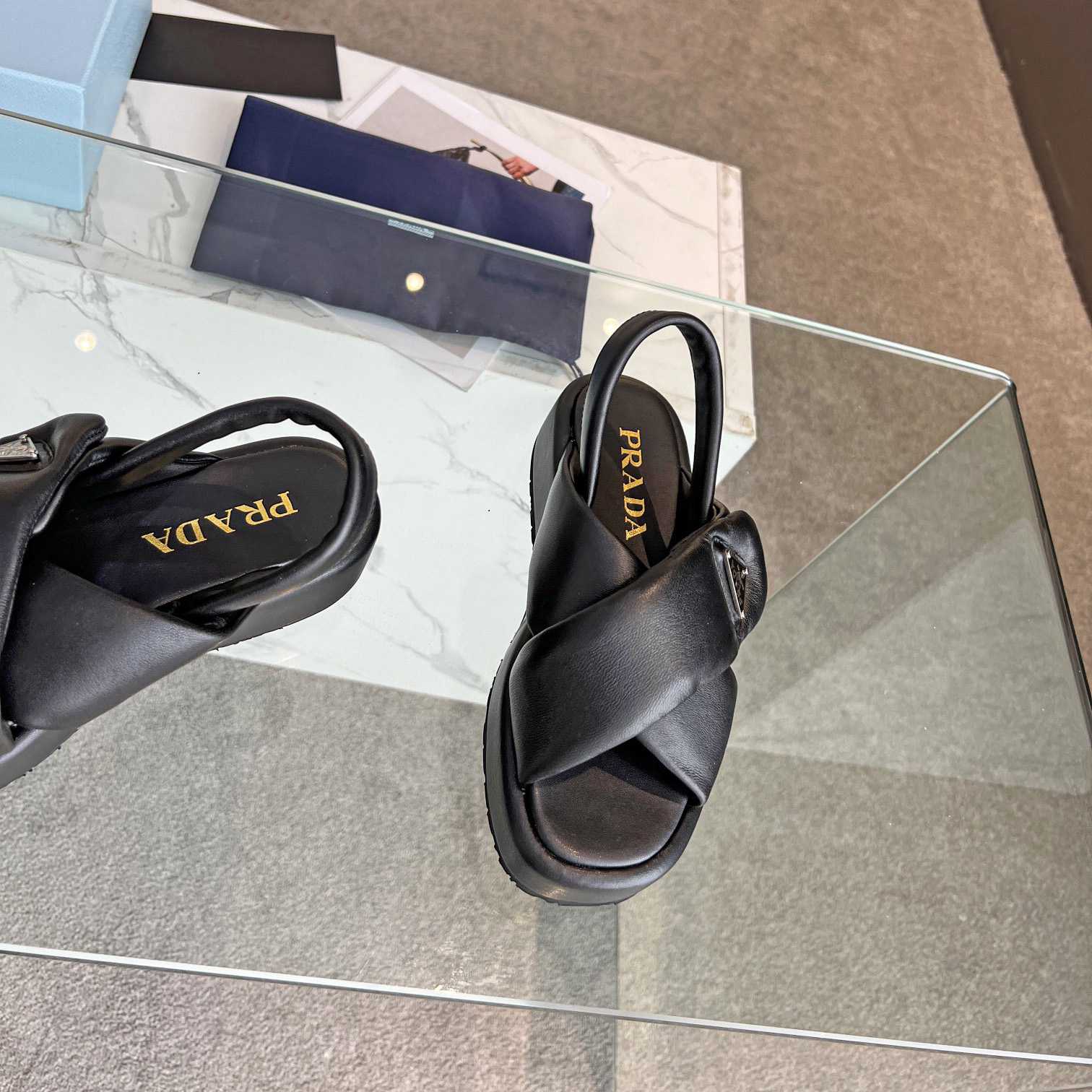 Prada Soft Padded Nappa Leather Wedge Sandals - DopestKickz