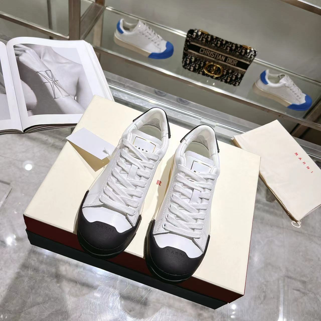 Marni Dada Bumper Sneaker In White And Black Leather - DopestKickz