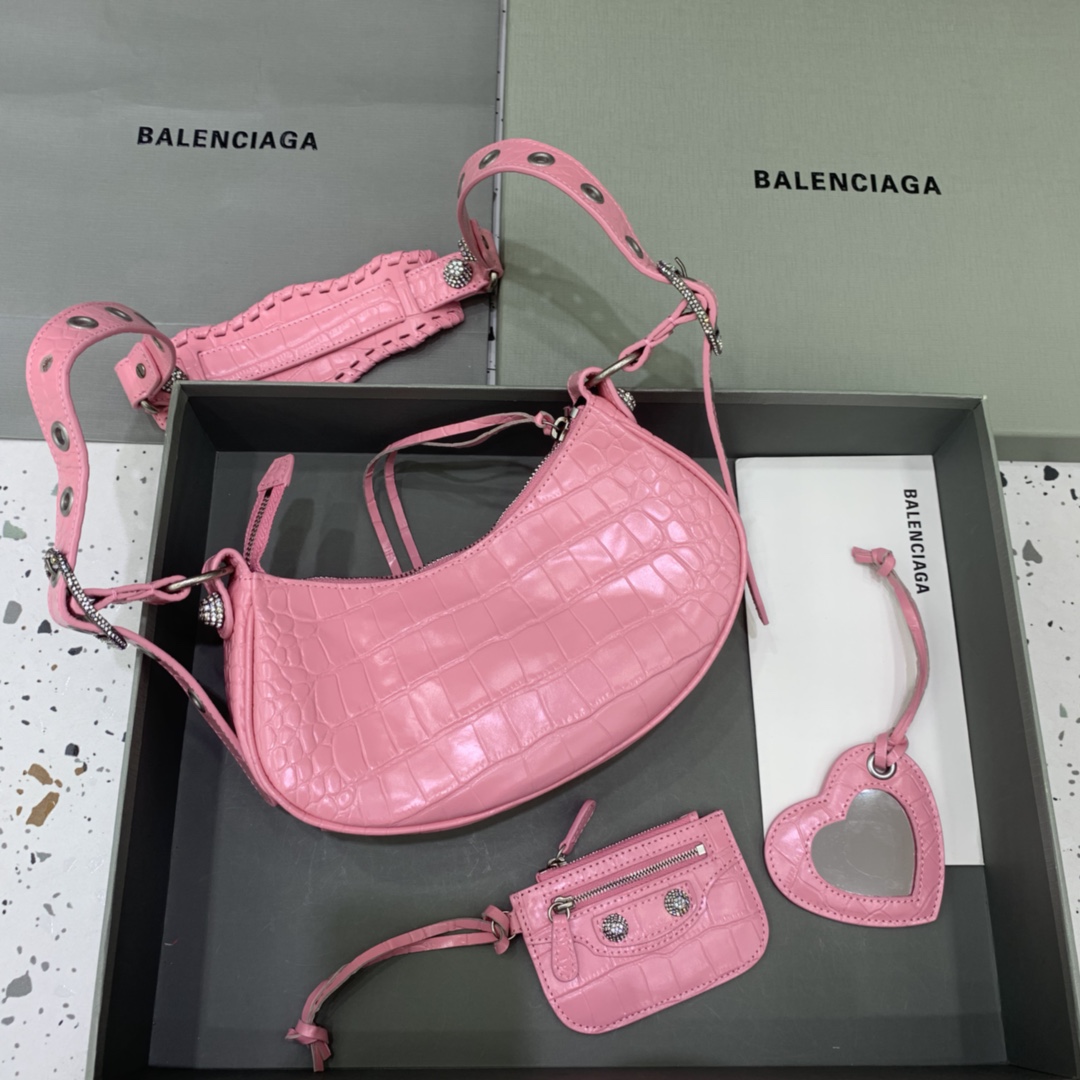 Balenciaga Le Cagole Small Shoulder Bag Crocodile Embossed In Pink - DopestKickz