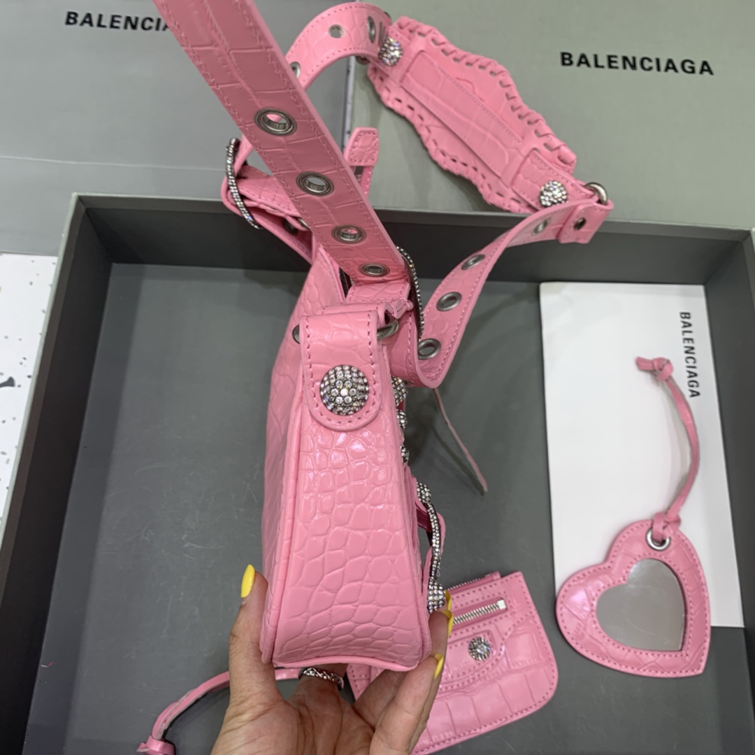 Balenciaga Le Cagole Small Shoulder Bag Crocodile Embossed In Pink - DopestKickz
