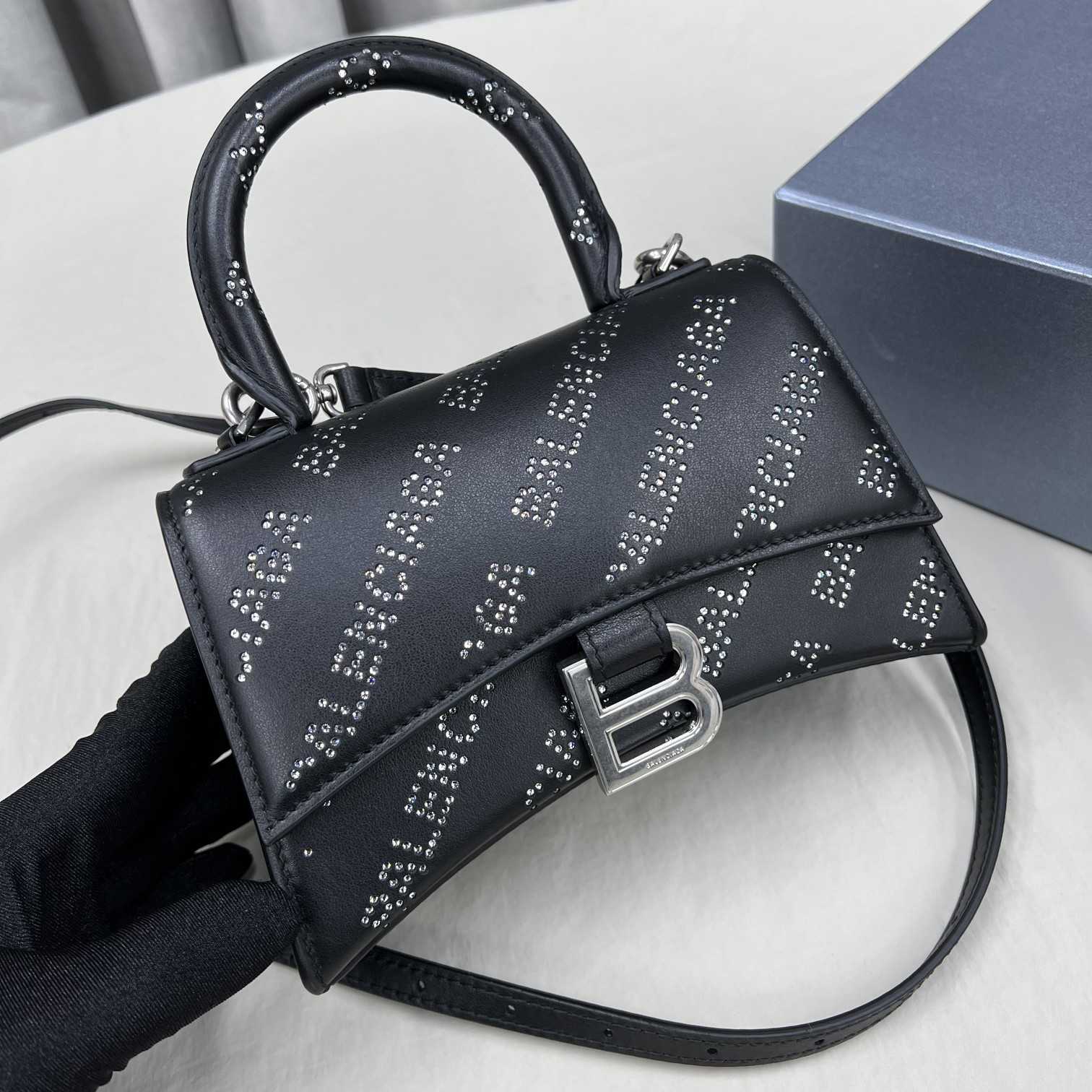 Balenciaga Women's Hourglass XS Handbag With Rhinestones In Black - DopestKickz