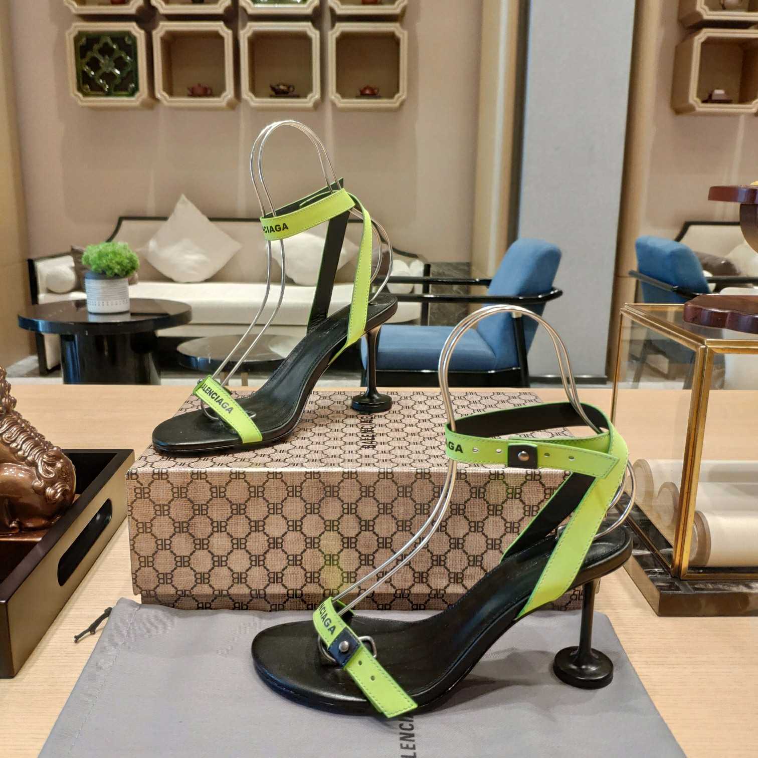 Balenciaga Afterhour Logo Ankle-strap Sandals In Fluorescent Yellow Black - DopestKickz