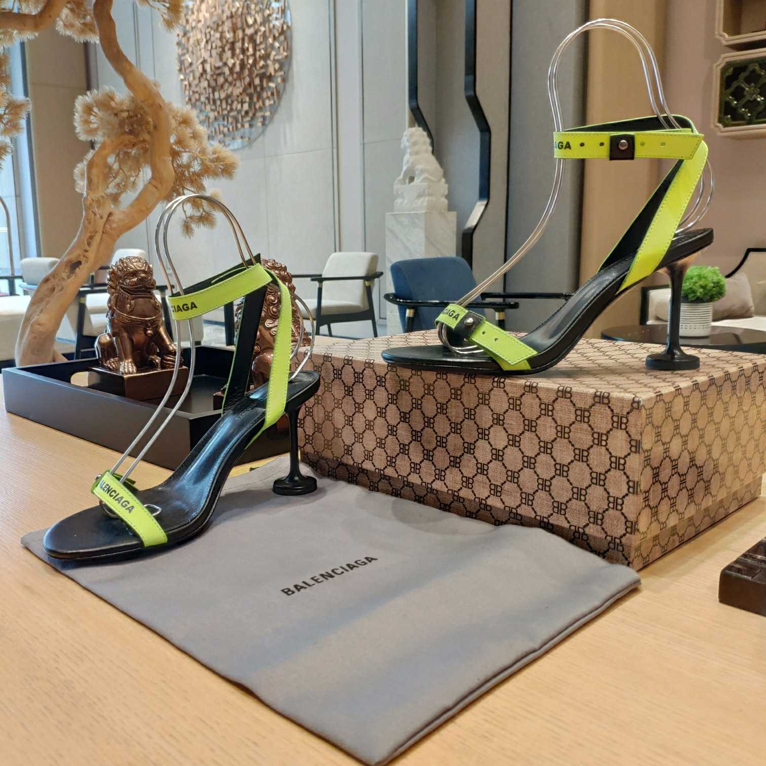 Balenciaga Afterhour Logo Ankle-strap Sandals In Fluorescent Yellow Black - DopestKickz
