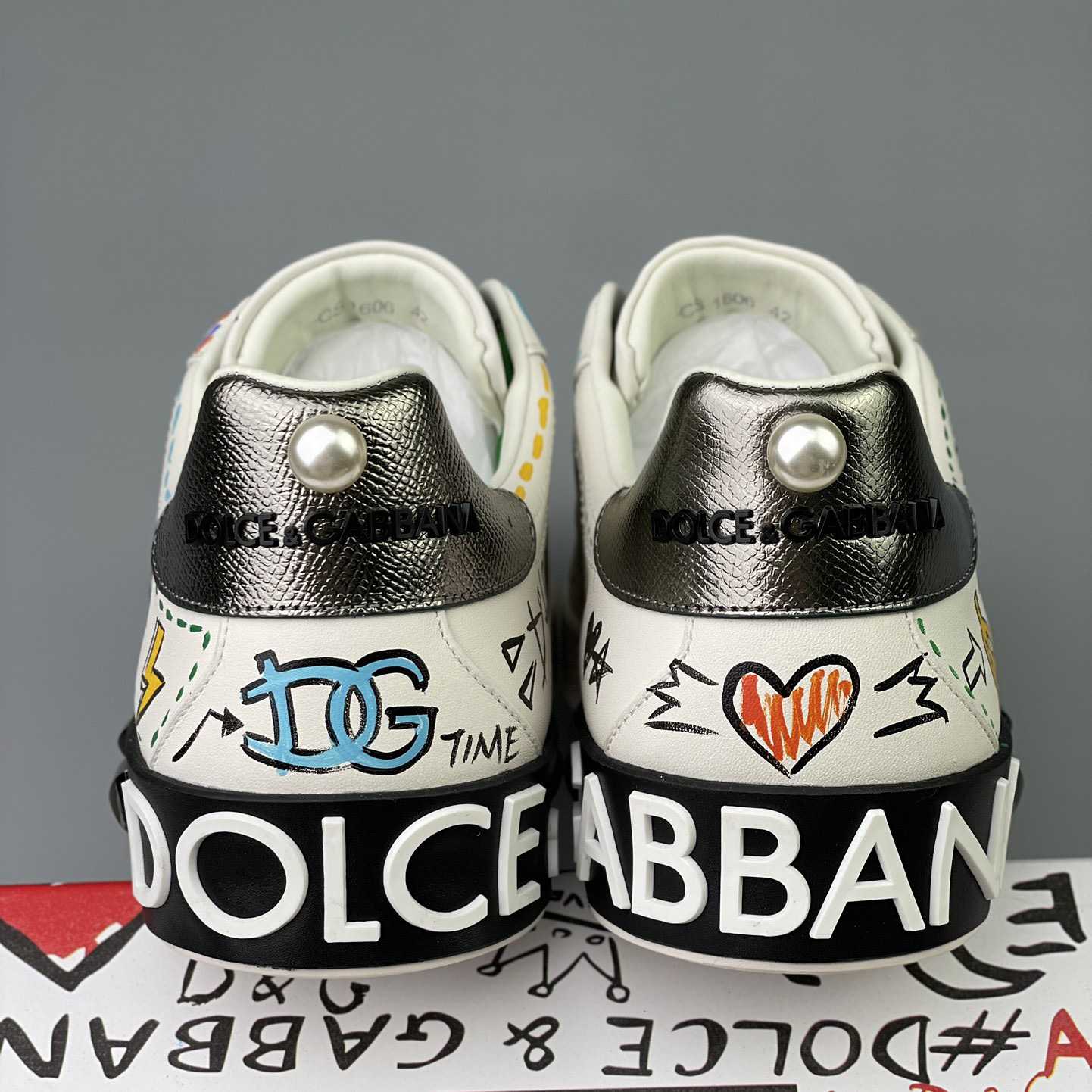 Dolce & Gabbana Calfskin Portofino Sneakers With Embroidery And Studs - DopestKickz