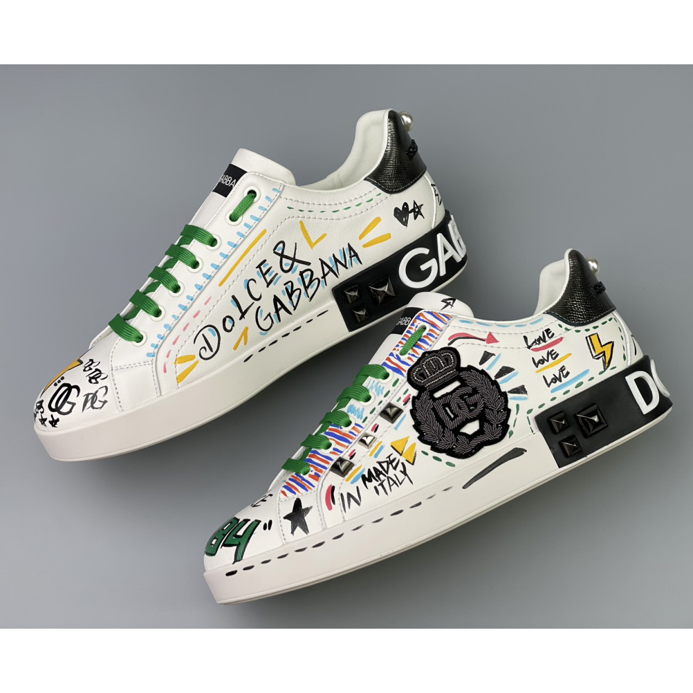 Dolce & Gabbana Calfskin Portofino Sneakers With Embroidery And Studs - DopestKickz