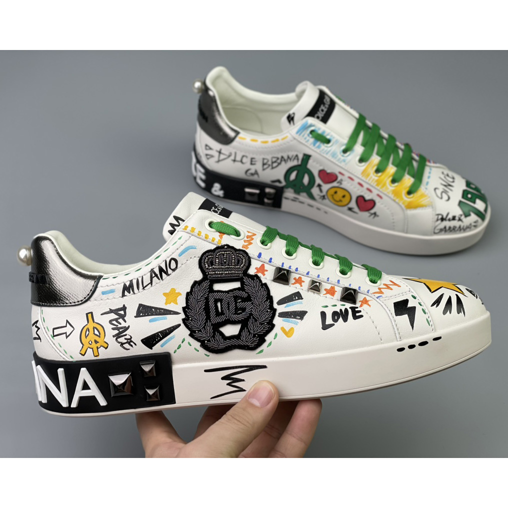 Dolce & Gabbana Calfskin Portofino Sneakers With Embroidery And Studs - DopestKickz