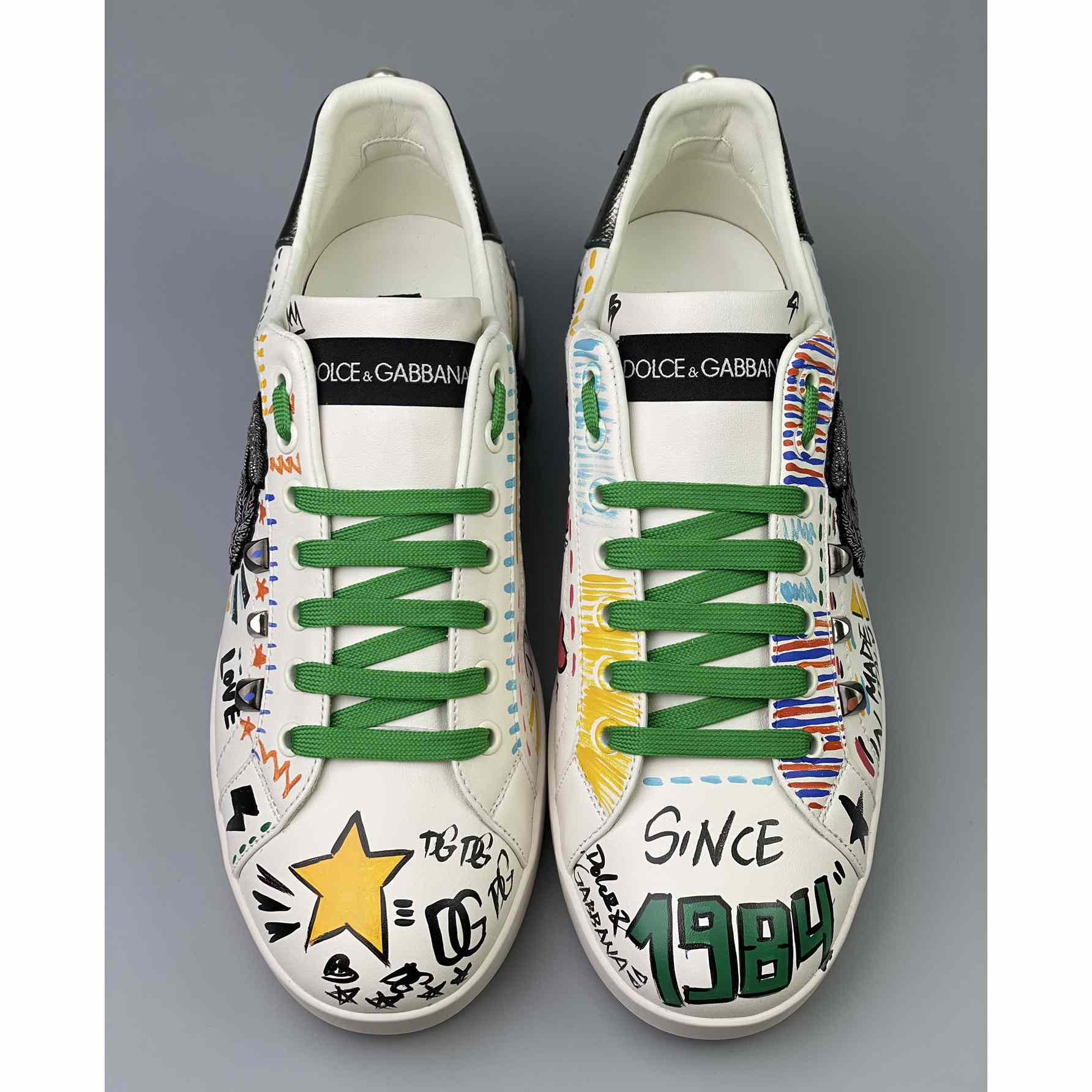 Dolce & Gabbana Calfskin Portofino Sneakers With Embroidery And Studs - DopestKickz