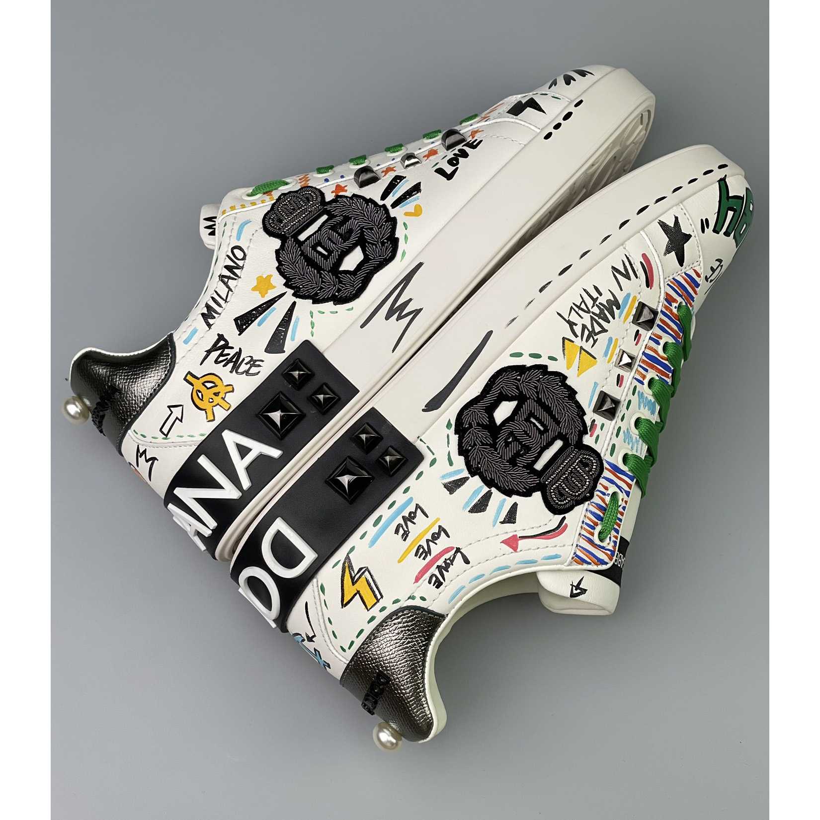 Dolce & Gabbana Calfskin Portofino Sneakers With Embroidery And Studs - DopestKickz