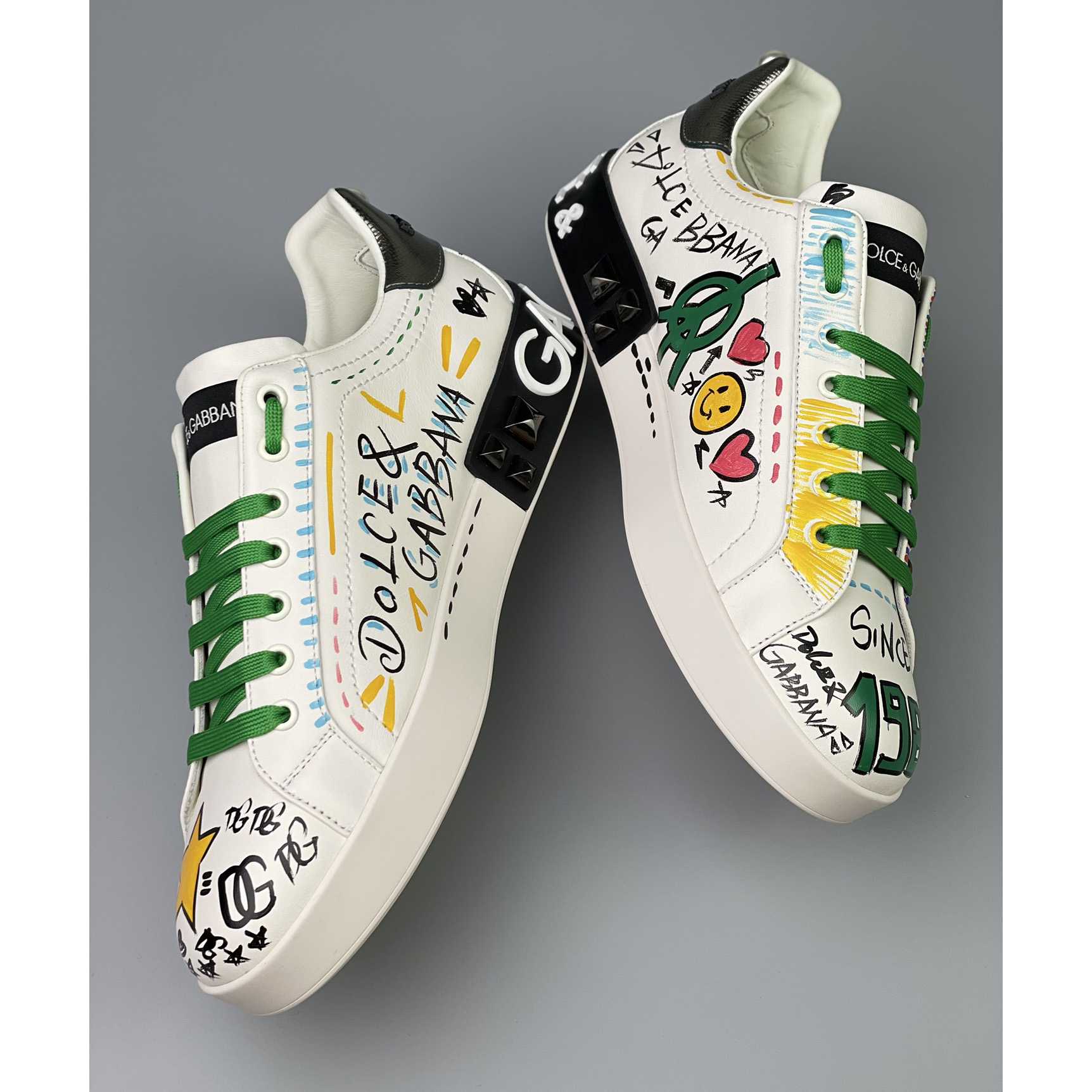 Dolce & Gabbana Calfskin Portofino Sneakers With Embroidery And Studs - DopestKickz