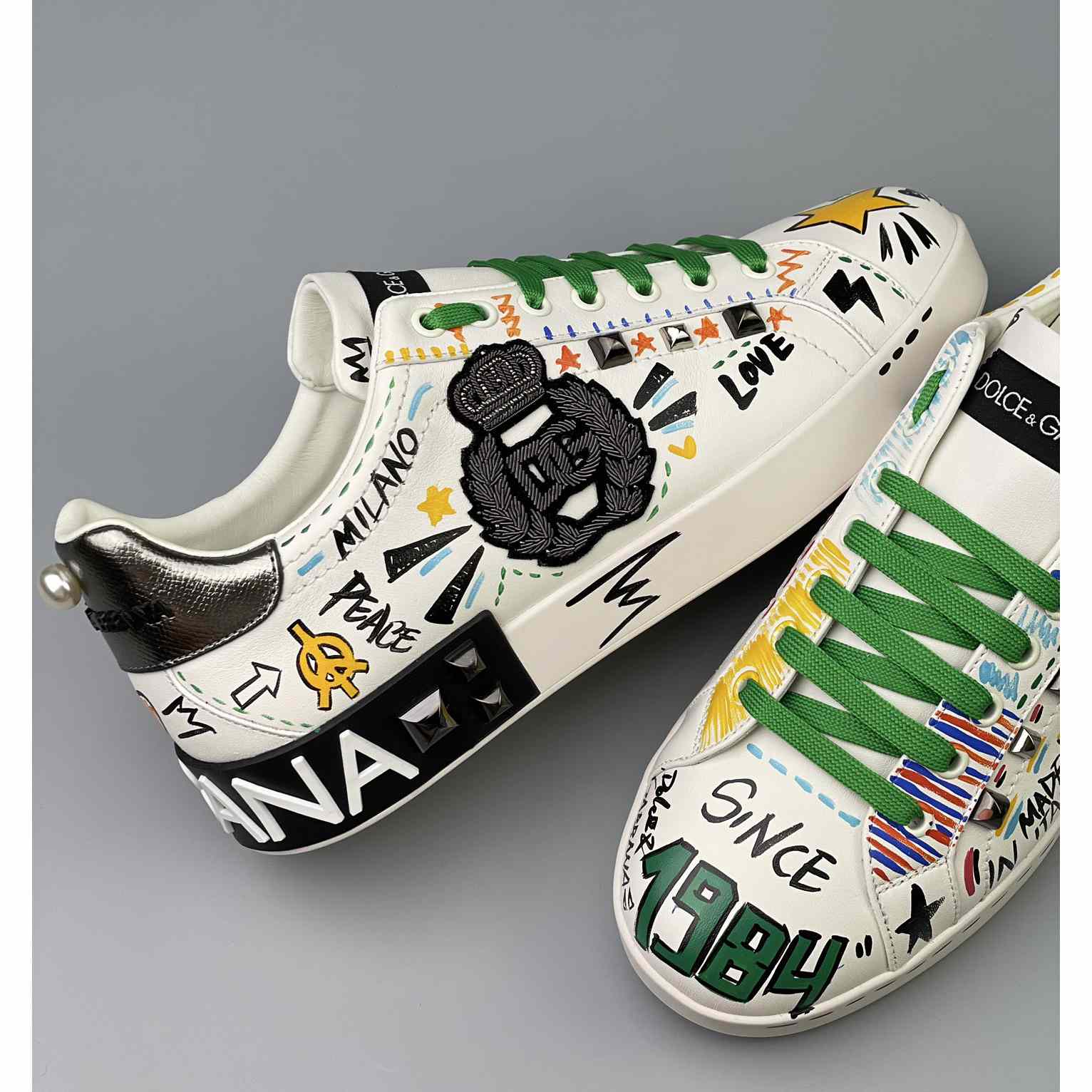 Dolce & Gabbana Calfskin Portofino Sneakers With Embroidery And Studs - DopestKickz