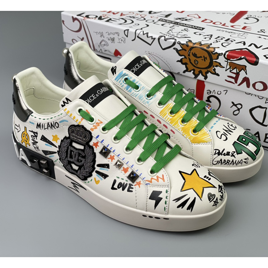 Dolce & Gabbana Calfskin Portofino Sneakers With Embroidery And Studs - DopestKickz