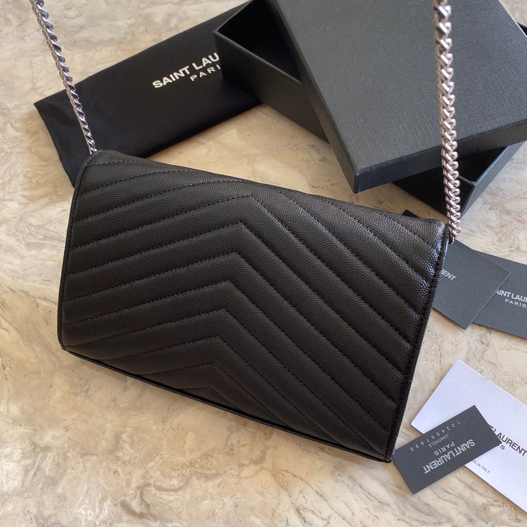 Saint Laurent Cassandre Matelasse Envelope Chain Wallet In Grain De Poudre Embossed Leather - DopestKickz