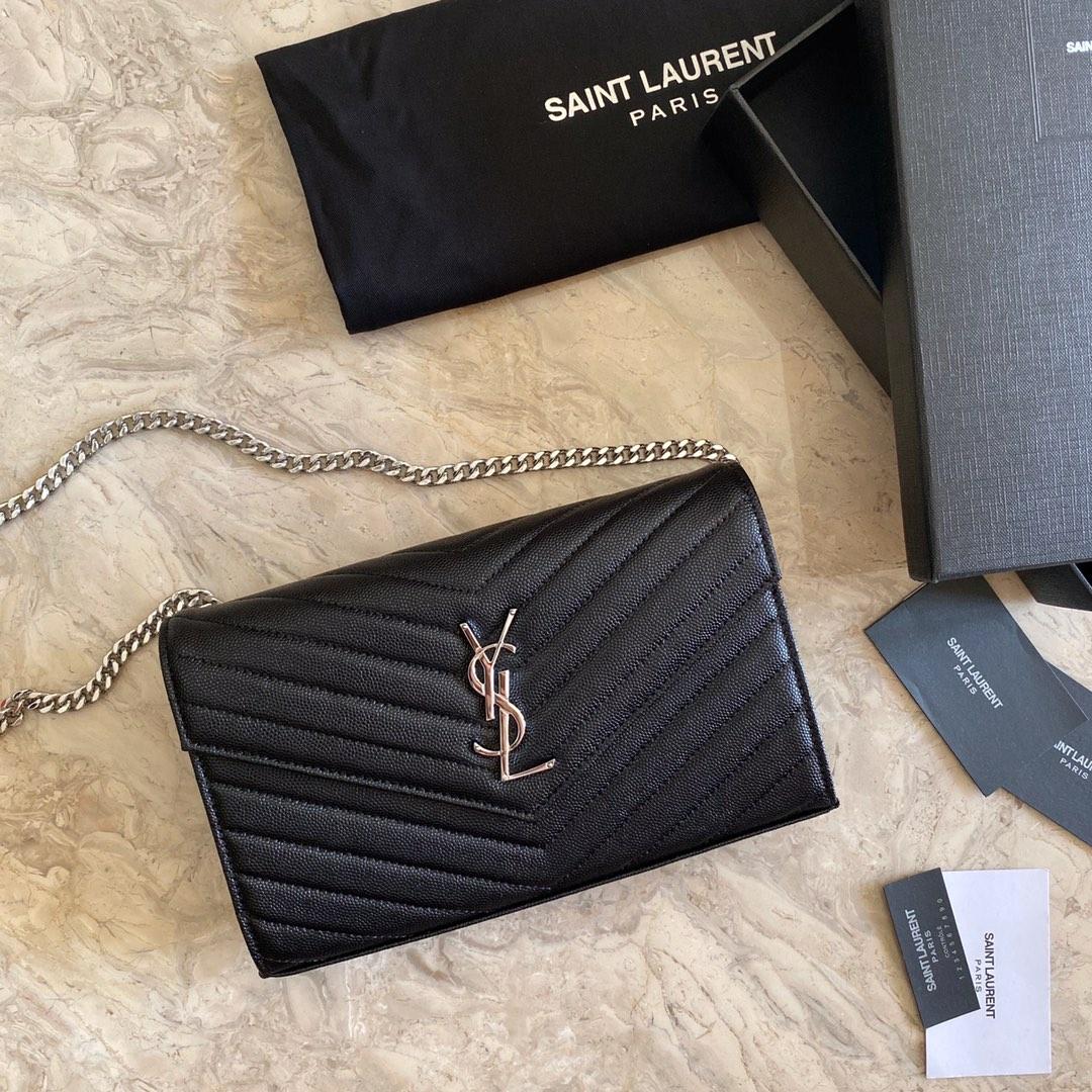 Saint Laurent Cassandre Matelasse Envelope Chain Wallet In Grain De Poudre Embossed Leather - DopestKickz