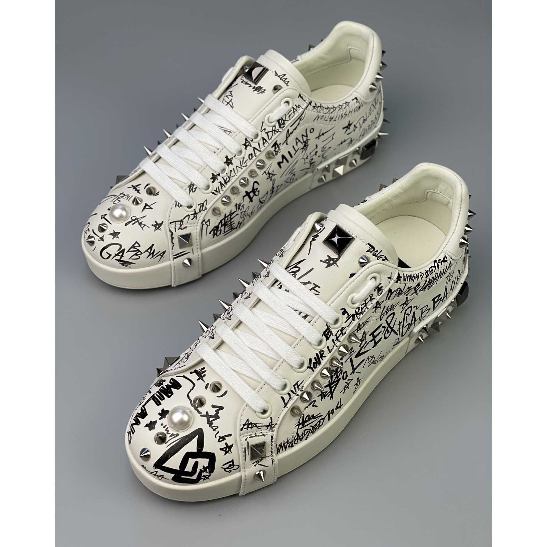 Dolce & Gabbana Calfskin Nappa Portofino Sneakers With Studs - DopestKickz