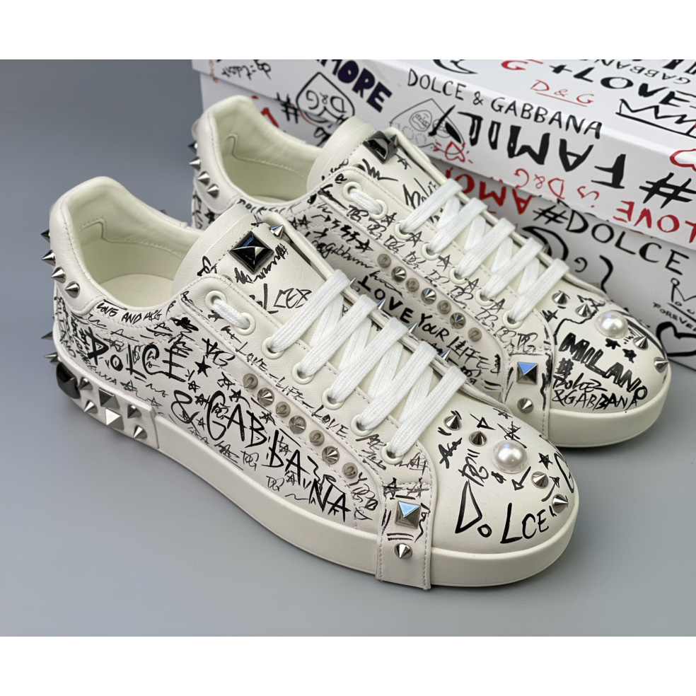 Dolce & Gabbana Calfskin Nappa Portofino Sneakers With Studs - DopestKickz