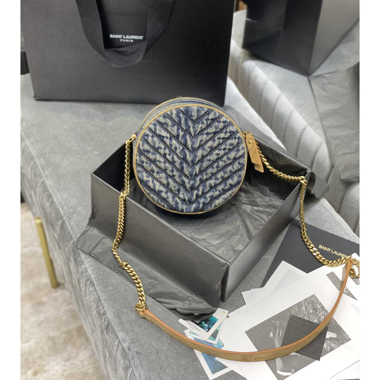 Saint Laurent Nile Round Matelassé Denim Bag (17-17-5.5cm) - DopestKickz