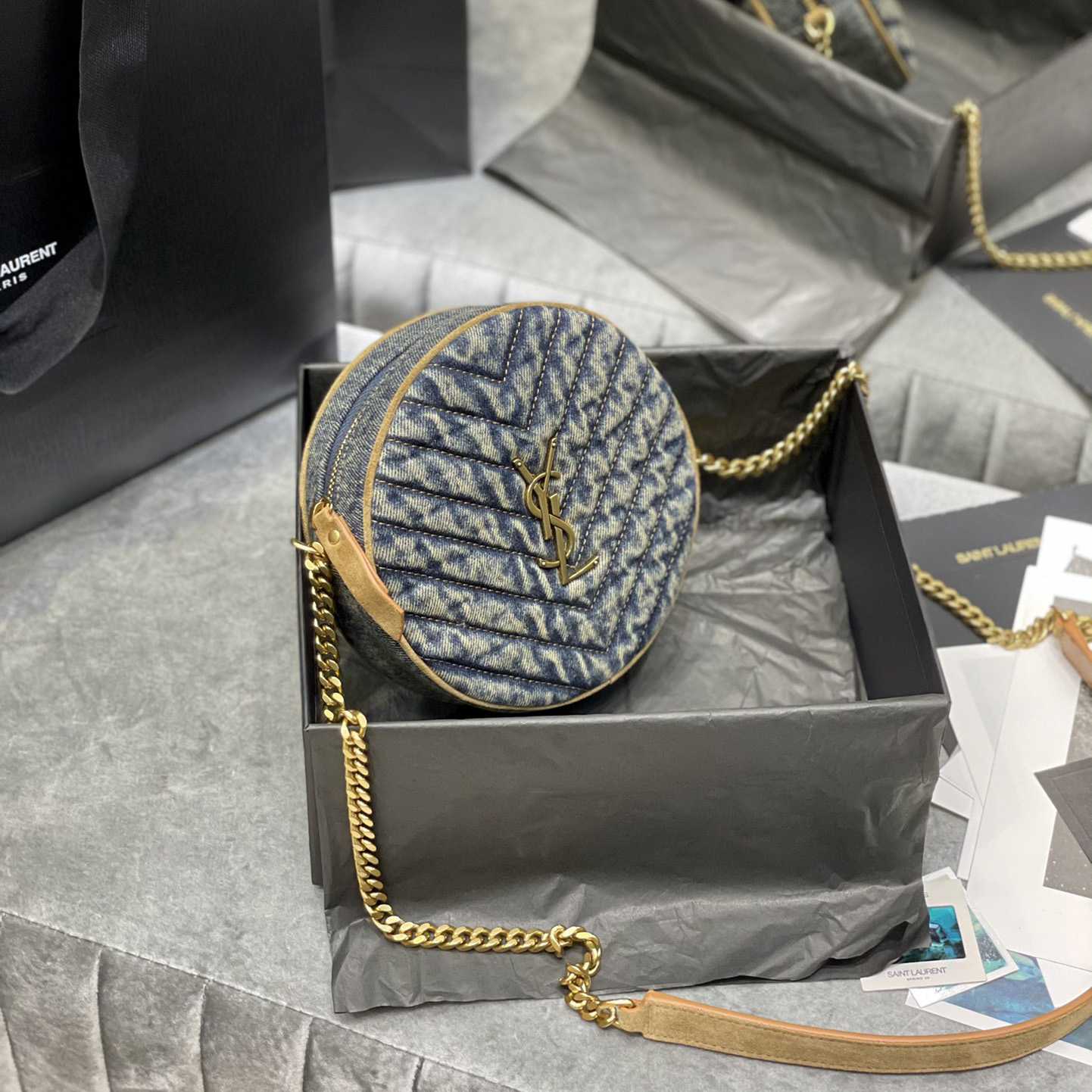 Saint Laurent Nile Round Matelassé Denim Bag (17-17-5.5cm) - DopestKickz