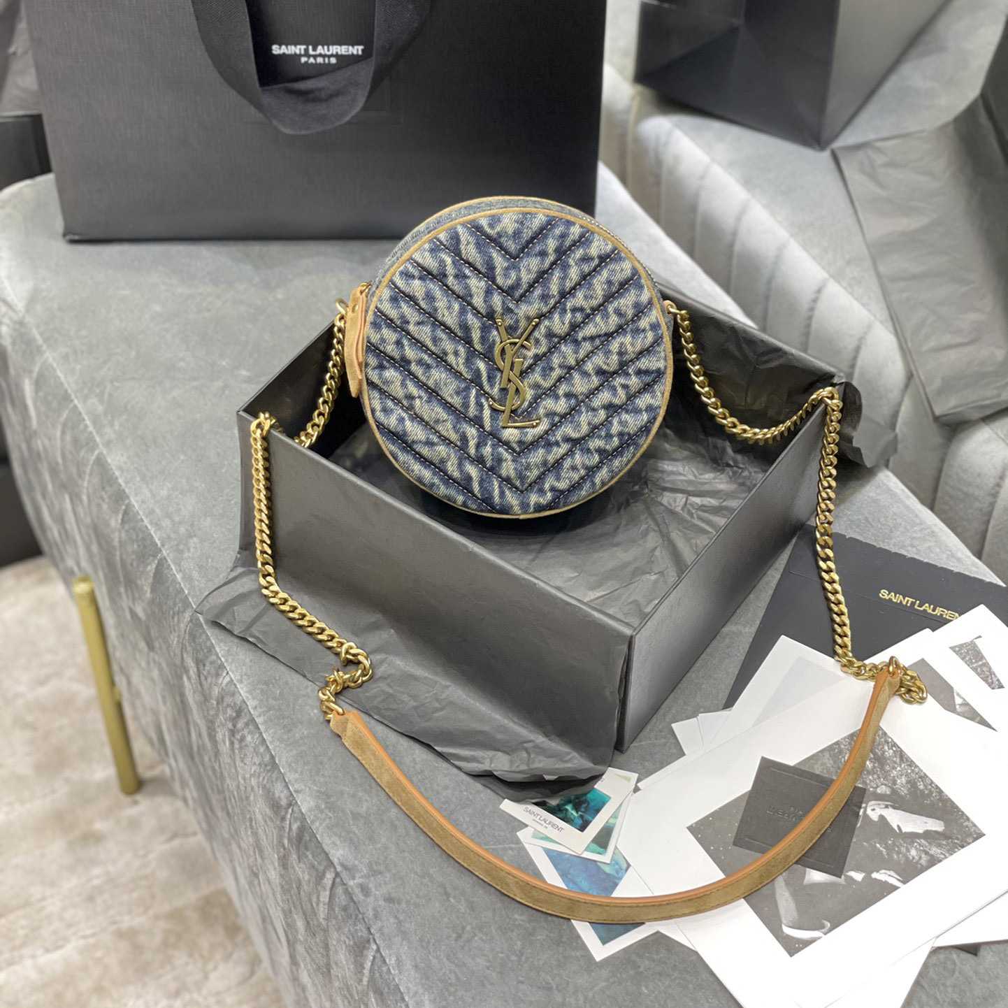 Saint Laurent Nile Round Matelassé Denim Bag (17-17-5.5cm) - DopestKickz