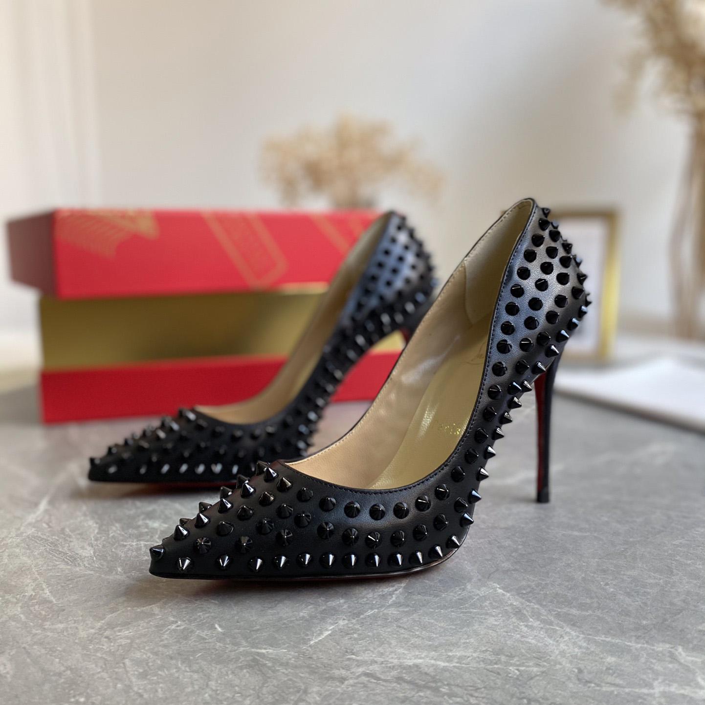 Christian Louboutin Black Patent Leather Pigalle Spikes Pumps   85mm - DopestKickz