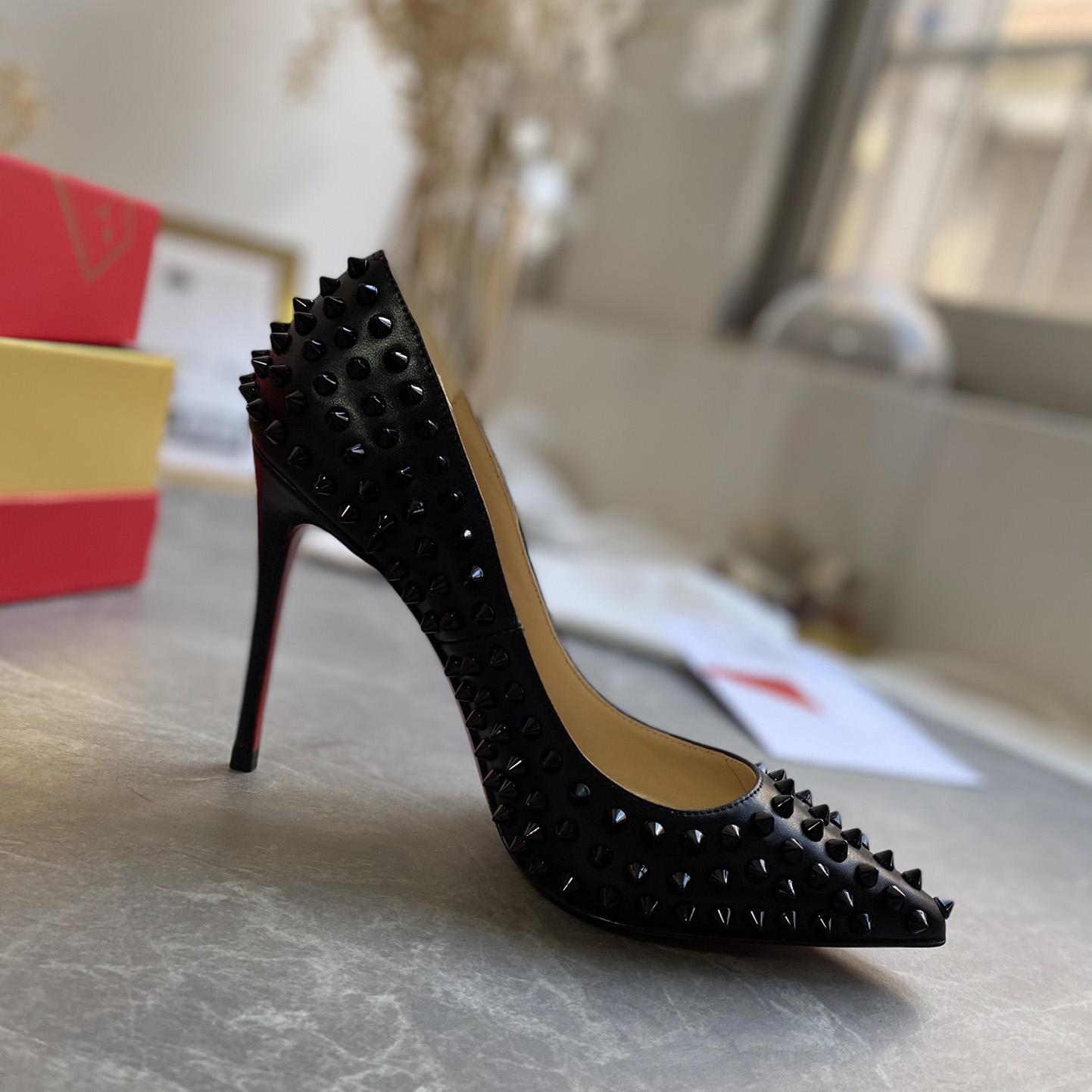 Christian Louboutin Black Patent Leather Pigalle Spikes Pumps   85mm - DopestKickz