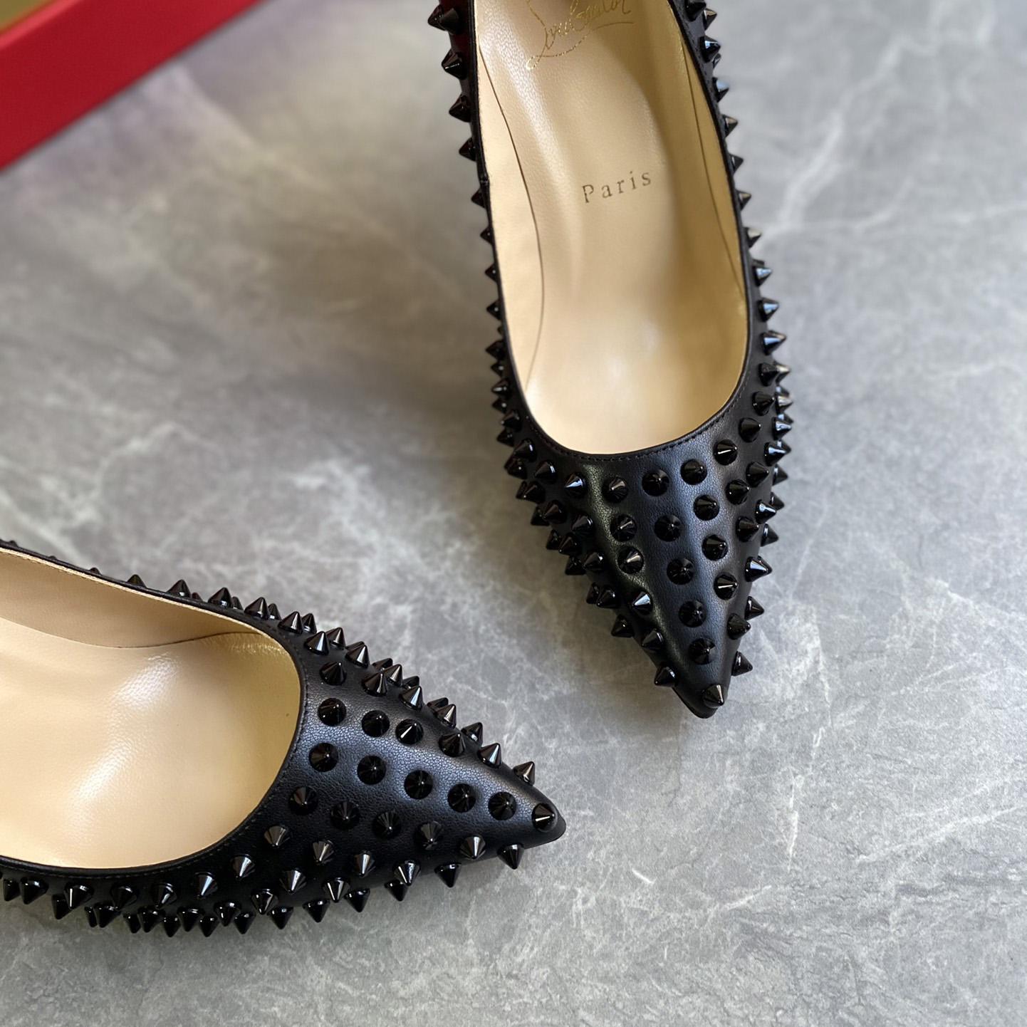 Christian Louboutin Black Patent Leather Pigalle Spikes Pumps   85mm - DopestKickz